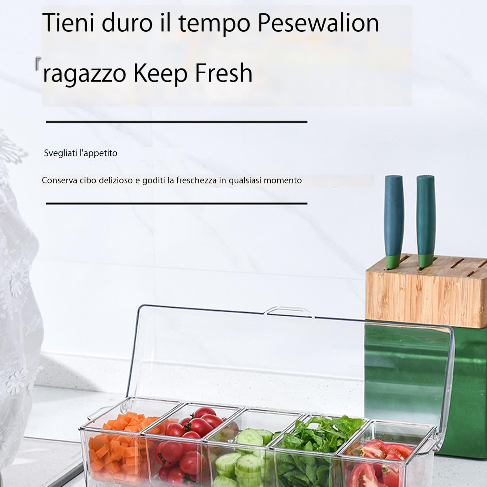 1/2 PZ Contenitore per condimenti refrigerati con 5 scomparti e coperchio | Dispensatore Di Condimenti, Vassoio Per Frutta Contorno E Condimento Porta Ingredienti Da Cucina, 19x7x6 pollici
