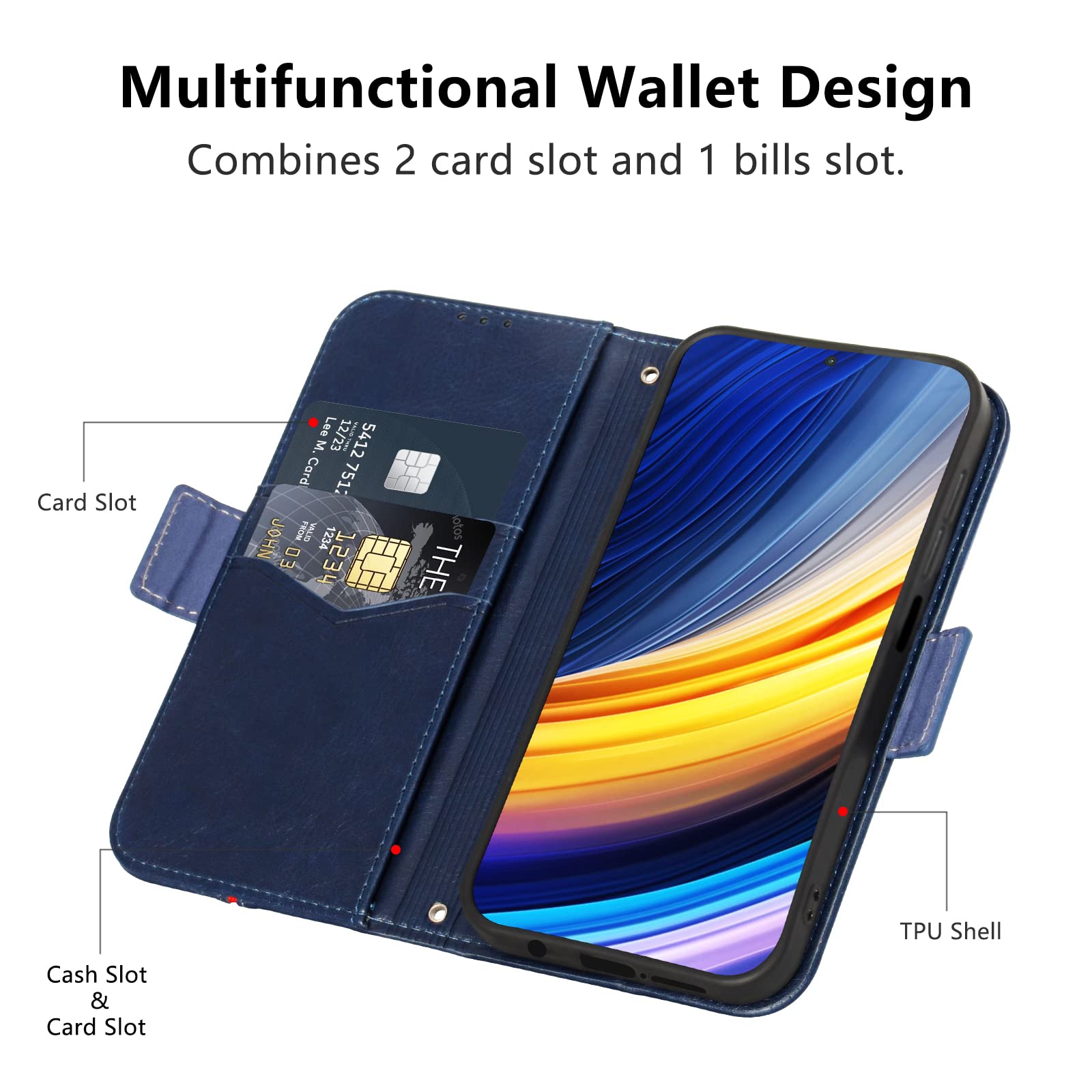 Custodia Portafoglio In Pelle PU Con Slot Per Schede Per Xiaomi Poco X3 NFC / X3 / X3 Pro - Antiurto, Chiusura Magnetica, Funzione Supporto, Colore Blu Con Motivo In Rilievo - 2