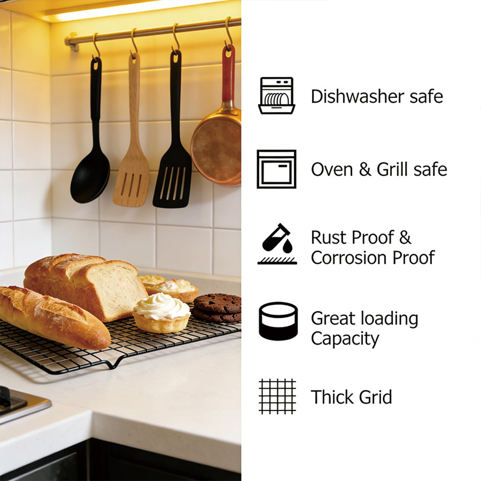 Abkühlgitter 3er Set, 40x25cm Kuchengitter mit Antihaftbeschichtung, Backen zubehör aus Kohlenstoffstahl für Kekse, Muffins, Brot & Kuchen und kompatibel mit Backblechen