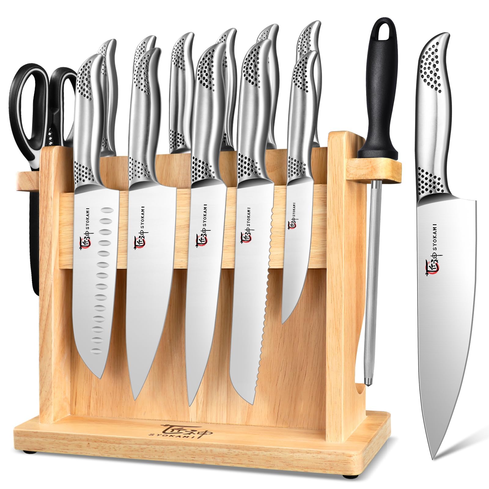 SYOKAMI Japanese Knives Set for Kitchen, Magnetic Knife Set with Block and Sharpener, Stainless Steel Knife Set as Gift for Couple, Wedding, Women or Mom with Gift Box, 14 PCS Black Dot