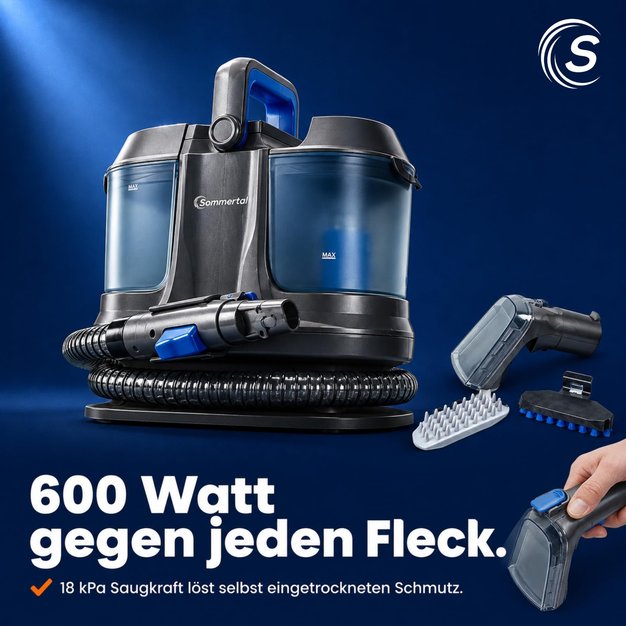 Sommertal Dispositivo limpiador de tapicería WS600 – Potente aspirador de 600 W con 18 kPa de potencia de succión, aspirador en seco y húmedo, limpiador de tapicería, limpiador de alfombras y sofá