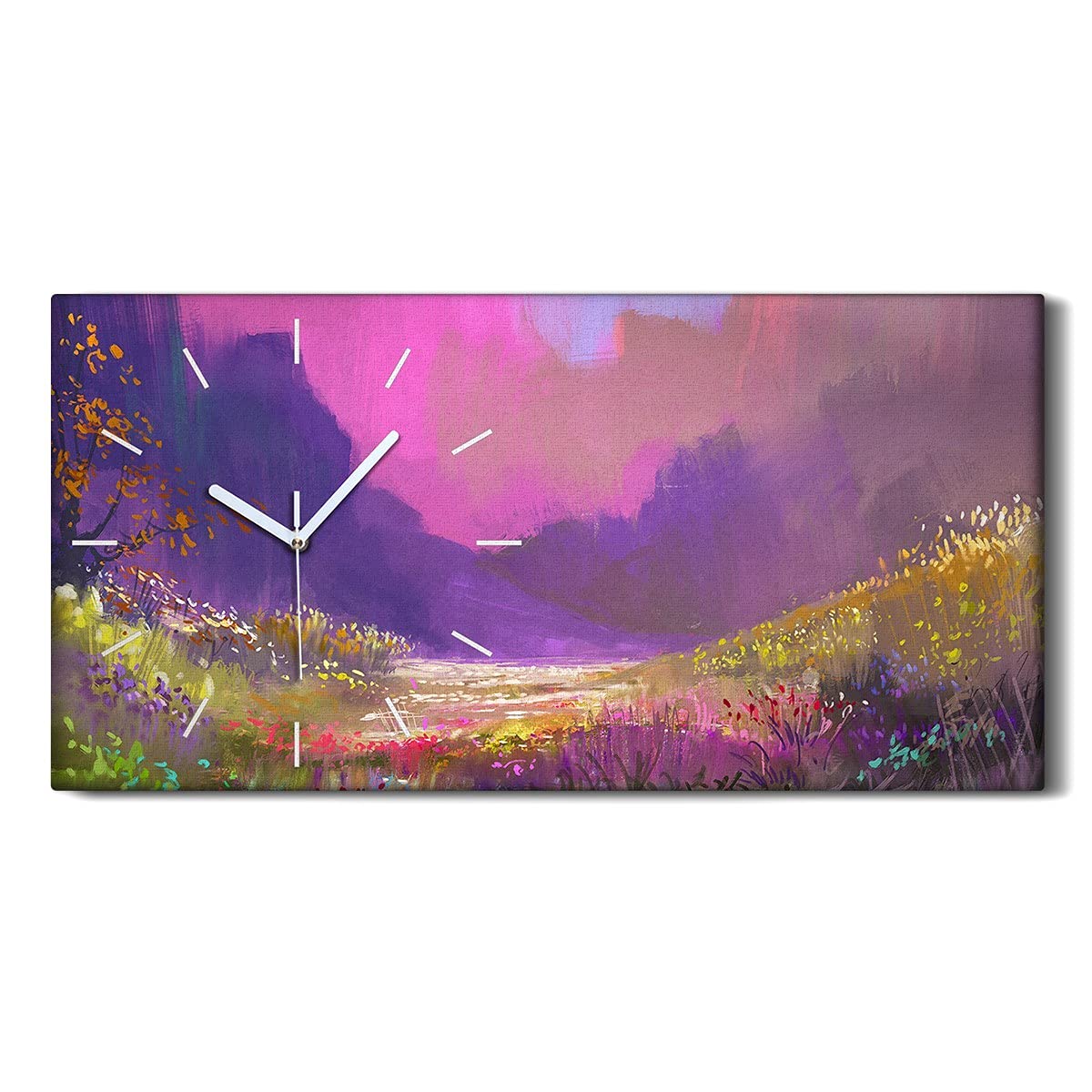 Horloge sur Toile Salon Décoration Art Moderne Image Paysage Montagne Fleurs 60x30