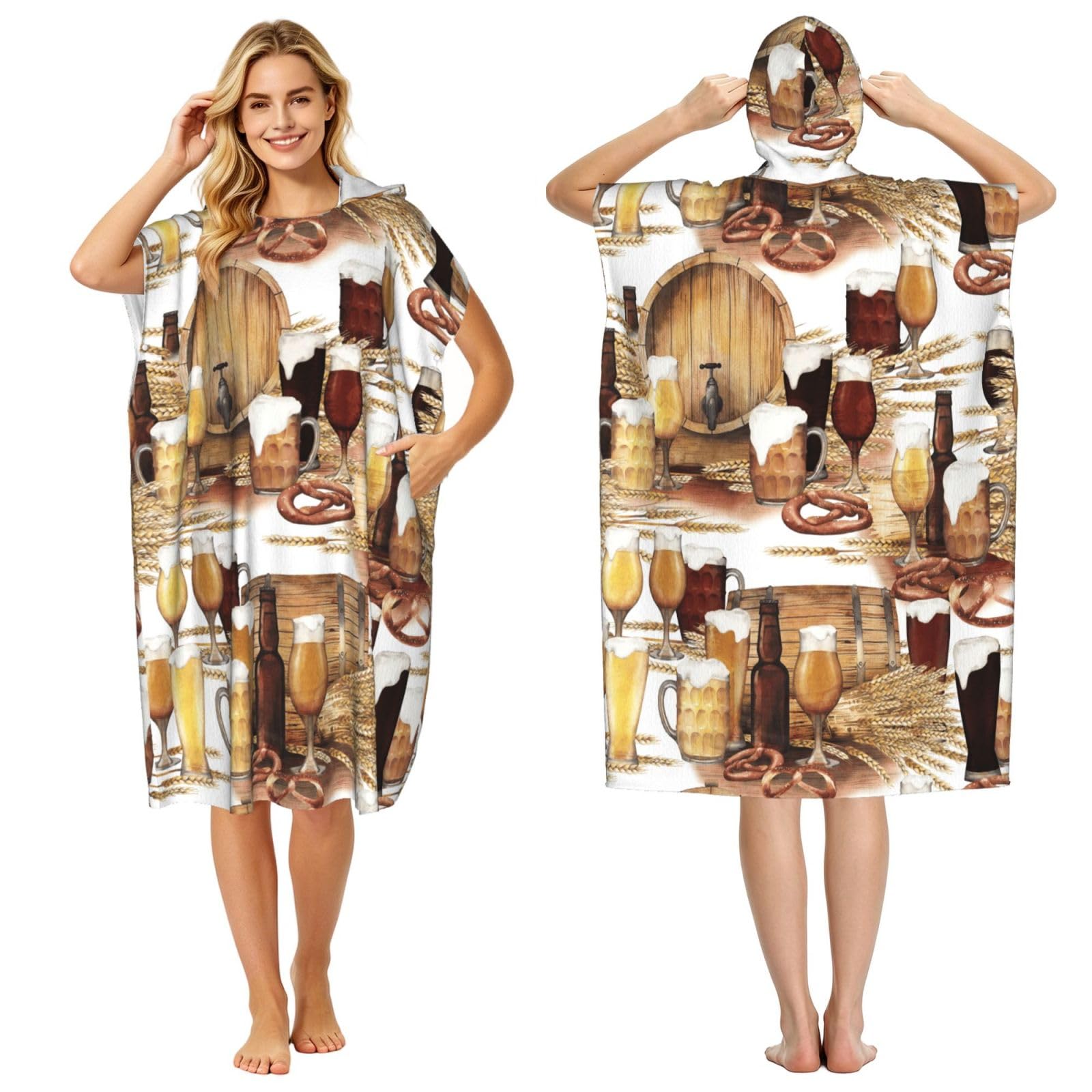 Poadnly Beer And Wine Barrel, Adult Hooded Beach Towel 90 x 110 cm,Changing Bath Robe, Surf Poncho Towel For Women Men