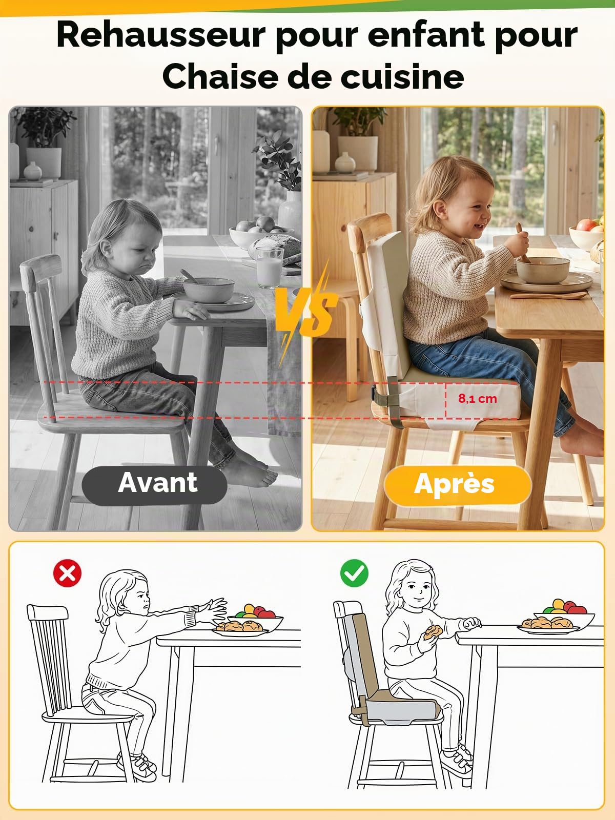 Rehausseur de chaise constitué de deux coussins - Pour enfant et bébé - En polyuréthane lavable - Avec sangles - pour enfants de plus de deux ans - Kaki