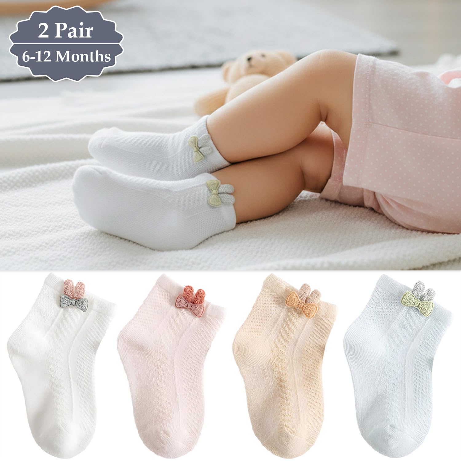 SYGA Baby Girls 4-Pairs Baby Socks Set Mesh Short Cotton With Rabbit And Bunny Cartoon Pattern For Ages 6-12 Months (White, Pink, Khaki, Green) 4