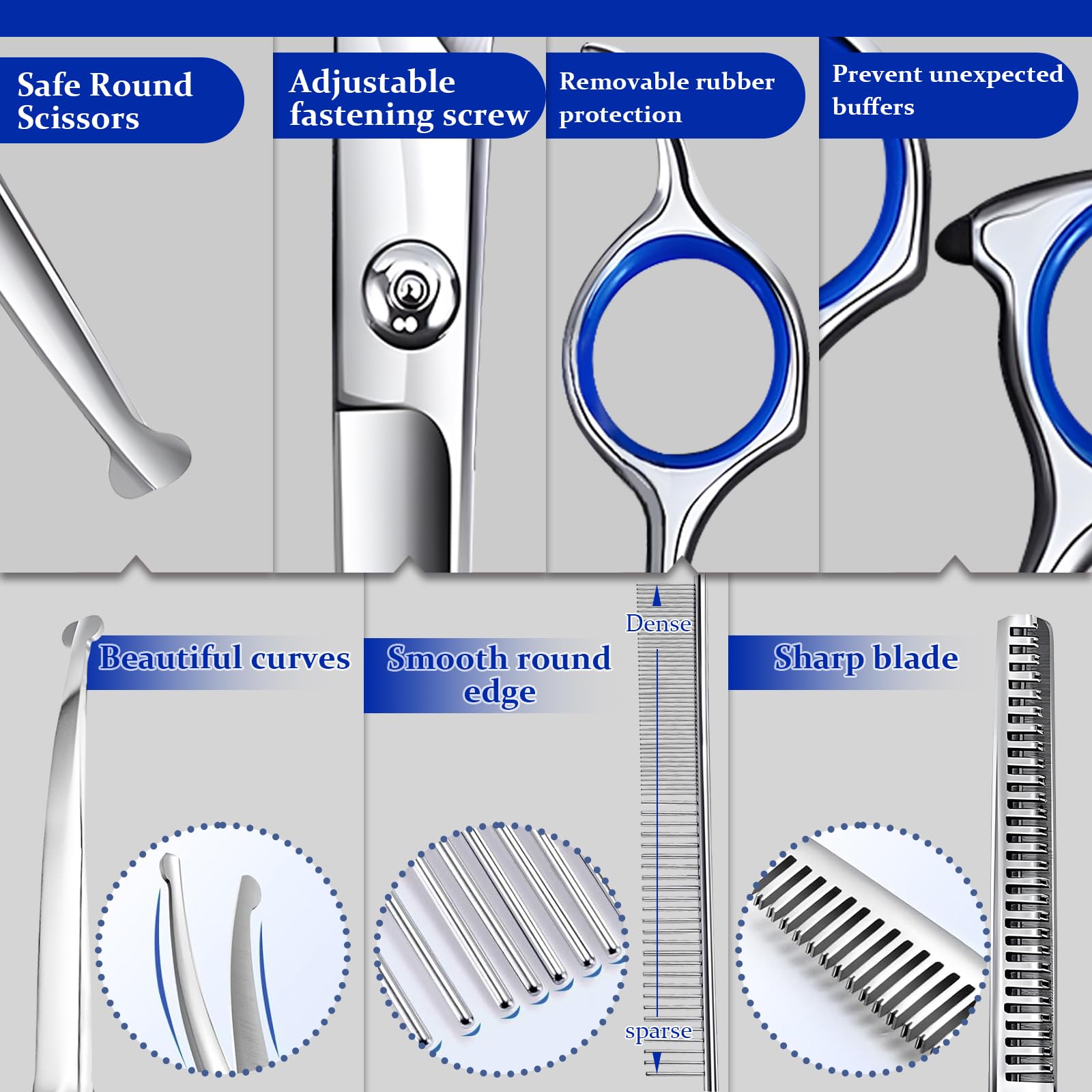 Ciseaux de Toilettage pour Chiens, Acier Inoxydable avec Pointe Ronde de Sécurité, y Ciseaux à Effiler Chien, Ciseaux Courbes Chien, Ciseaux Droits, Peigne, pour Chiens Chats