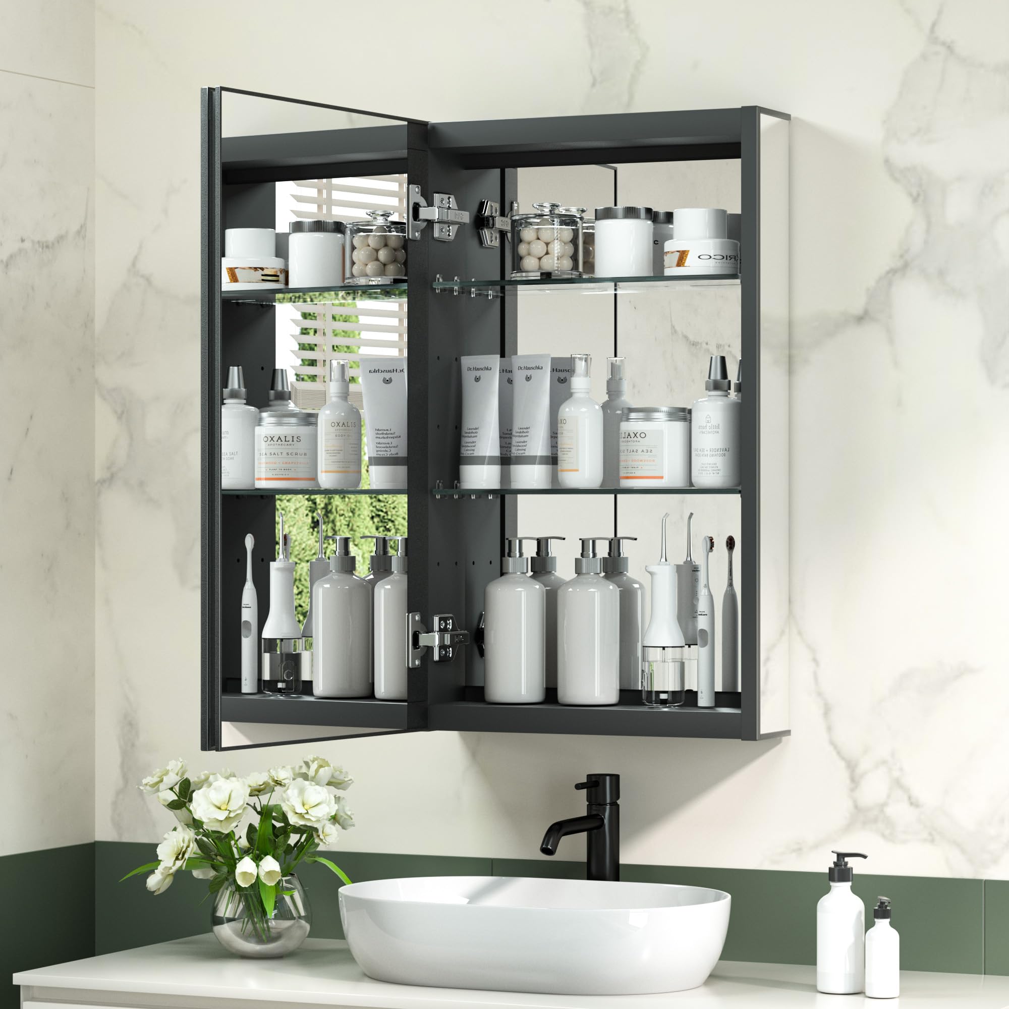 TokeShimi 16x26 Bathroom Medicine Cabinet with Mirror Full-Overlay,Aluminum Recessed Mirror Medicine Cabinet Frameless with Removable Tempered Shelves