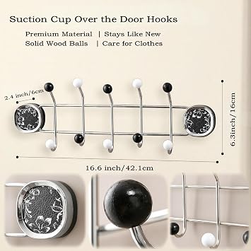 Coat Rack Wall Mount with 5 Hooks 2026 Upgraded Suction Cup Coat Hook Rail, No-Drill Wall Mounted Organizer for Closet, Entryway, Hallway, Bathroom, Bedroom (Stainless Steel + Wooden Ball Tips)