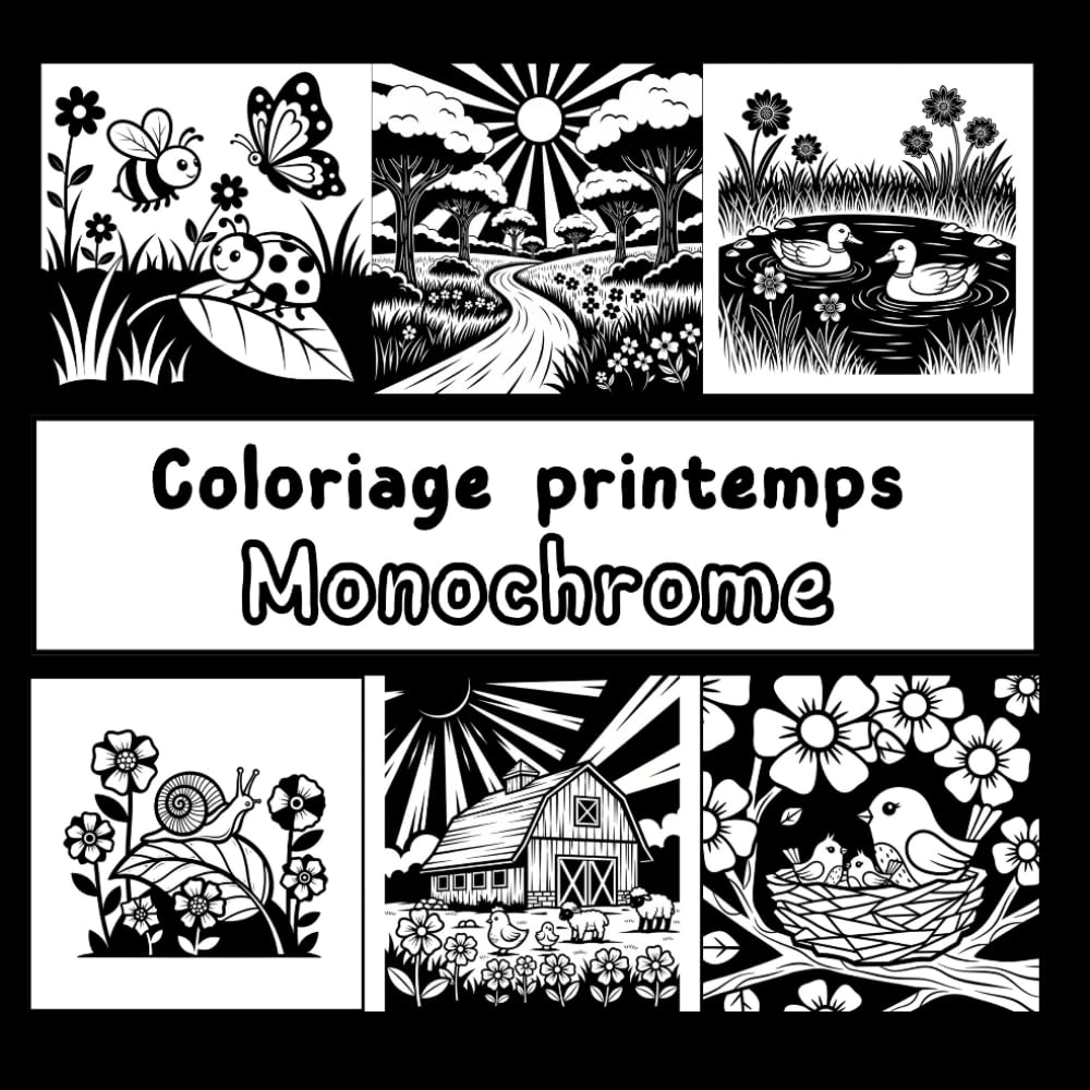 coloriage printemps & monochrome : Livre de coloriage relaxant et anti-stressen noir et blanc – livre de dessin monochrome