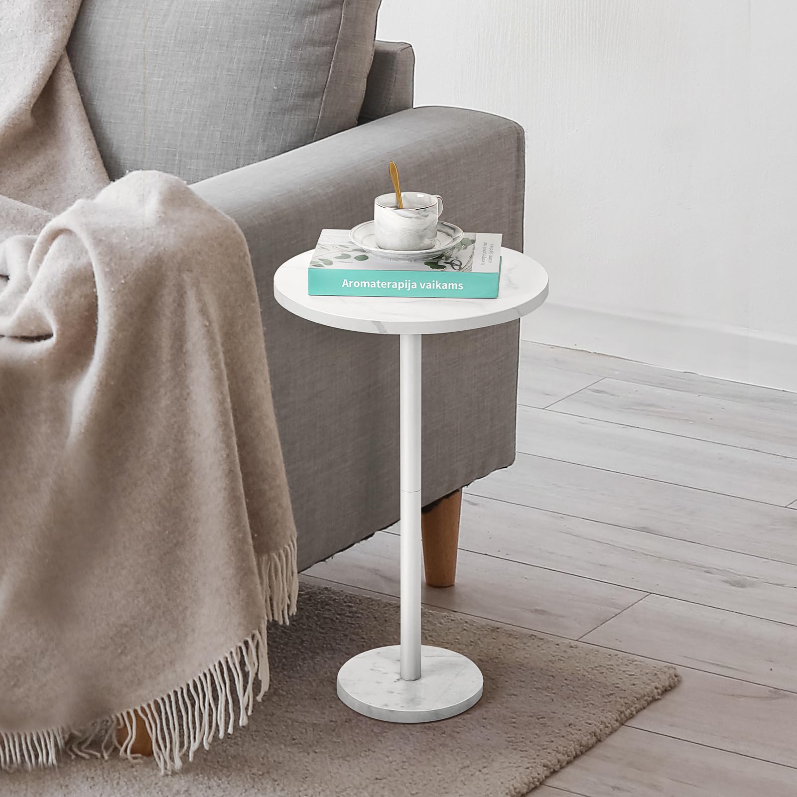 Smusei Juego de 2 Mesas Auxiliares Redondas Blancas Con Base de Mármol - Para Sala de Estar y Dormitorio, 32 cm, Ideal Para Espacios Pequeños