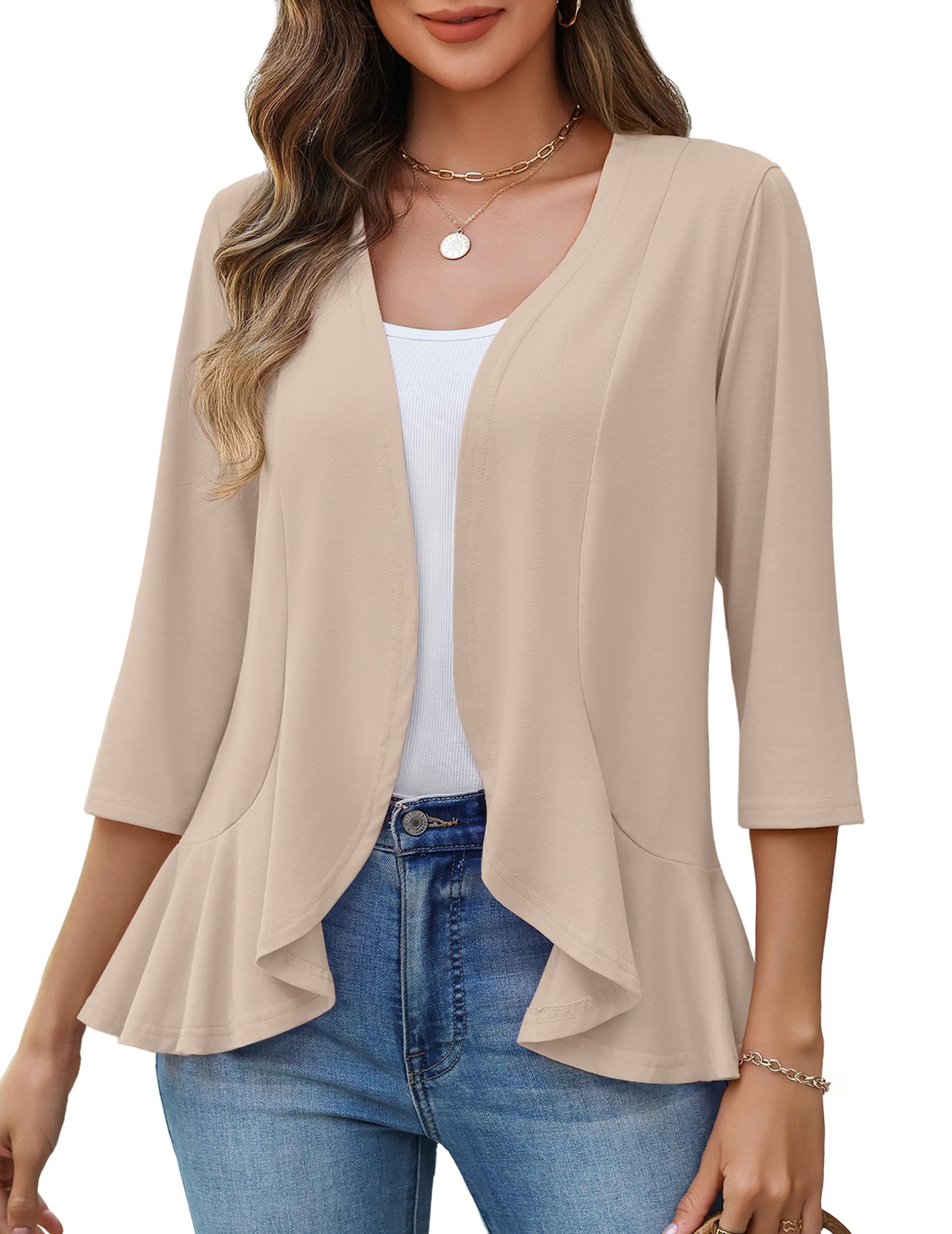 Zeagoo Womens 2026 Summer 3 4 Sleeve Lightweight Cardigans Open Front Draped Ruffles Kimono Coverups