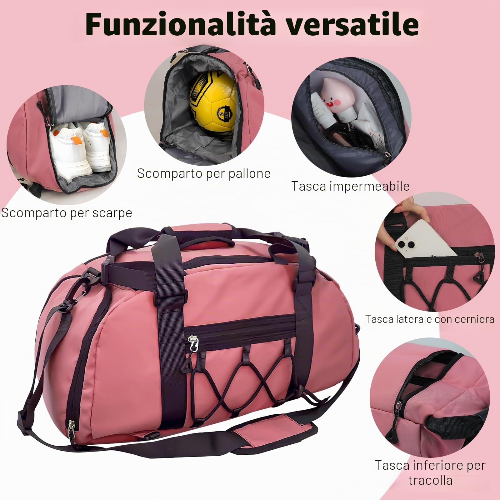 Borsone Palestra Impermeabili da 30L per Donna, con Porta Scarpe e Tasca Umida, Borse Sportive Leggere, Borsa da Viaggio Multitasca per Weekender, Adatto per Nuoto Yoga Basket, Rosa