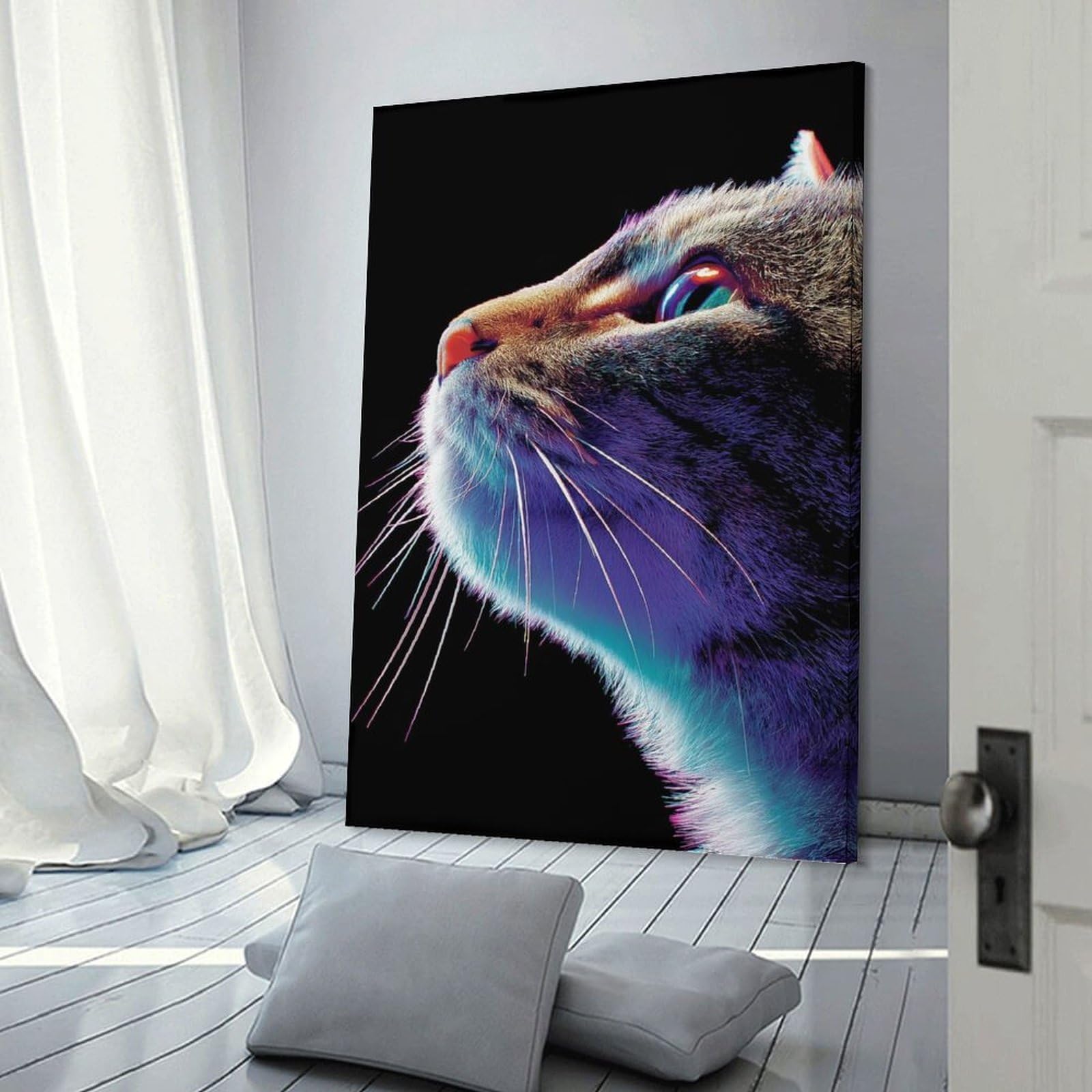 Junmoney Wall Art Print Cat Profile with Neon Lighting, 12x18inch(30x45cm), for Hallway, Bedroom Or Modern Interiors, Thoughtful Wall Decor for Art Lovers
