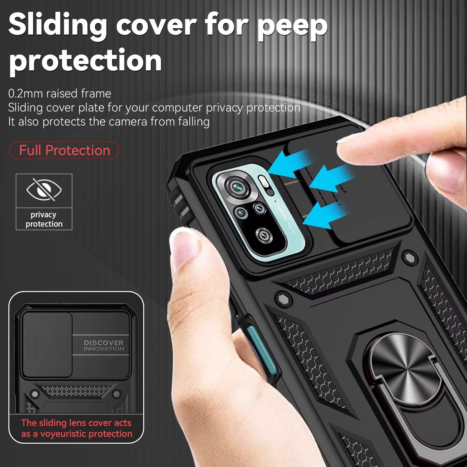 Custodia Per Xiaomi POCO M5S / Redmi Note 10S / Note 10 – Cover Con Protezione Fotocamera Scorrevole E Anello 360° – Nero - 5