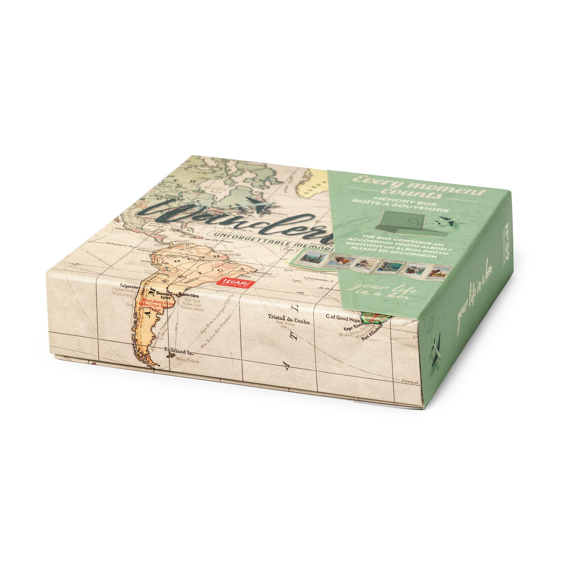 Legami - Every Moment Counts Memory Box, 16,5 x 4,2 cm, boîte de rangement en carton robuste, comprend un album plié en accordéon, fermeture magnétique, pour photos (9 x 11 cm) et petits objets