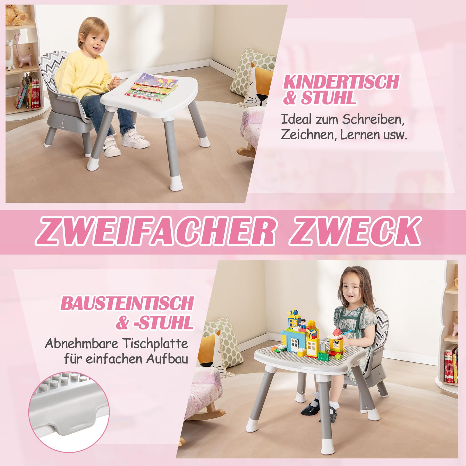 COSTWAY 6 w 1 krzesełko do karmienia dla niemowląt, krzesełko do karmienia i krzesło do jadalni i stół do nauki i stół z klockami i zestaw krzeseł dla dzieci, krzesełko do karmienia dla dzieci z pasem