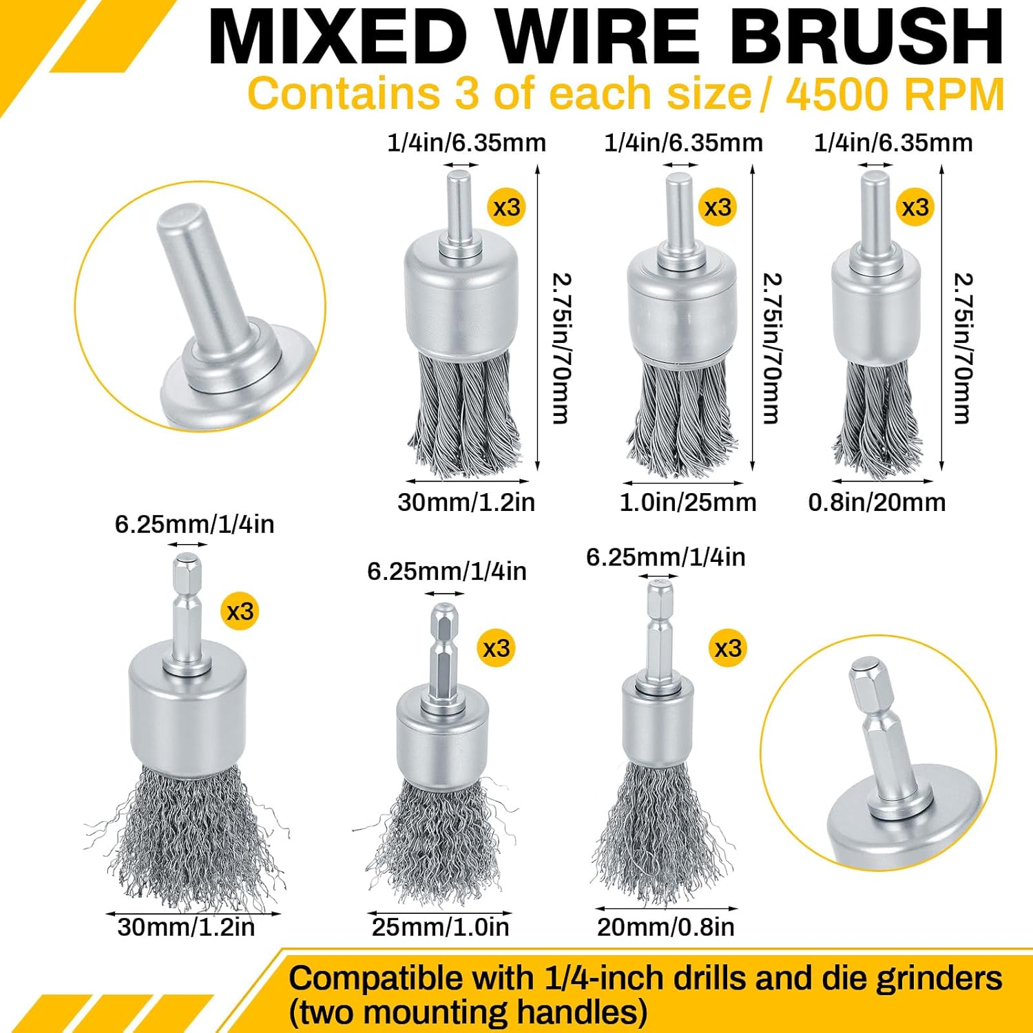 18 Pack Wire Wheel Brush for Drill, Sizes 0.8" 1" 1.2", 1/4 Inch Shank Knotted and Wire End Brush Die Grinder Wheel for Derusting Paint Removal Cleaning Deburring Carbon Steel Black