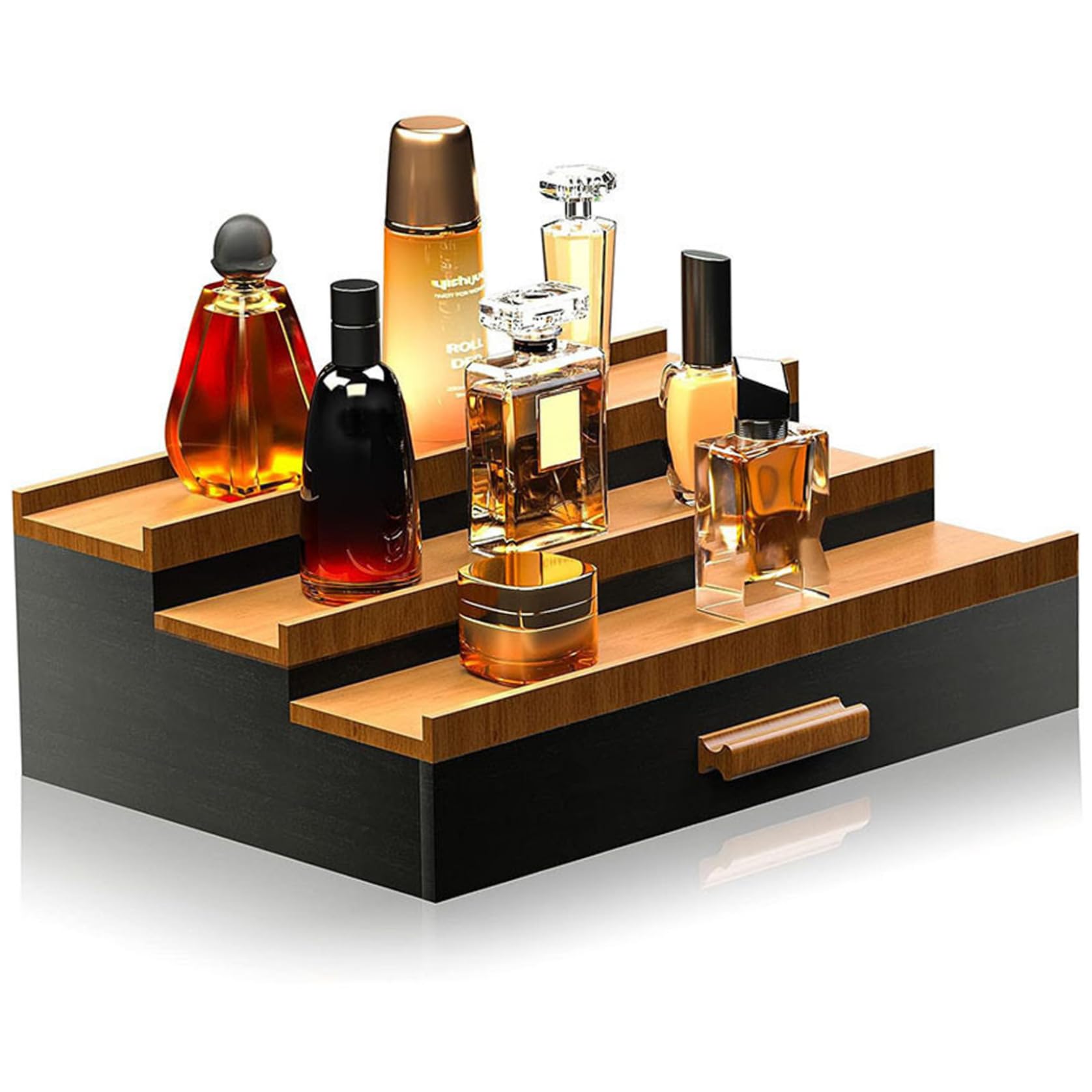 Organizador de perfumes, soporte de madera para perfumes de 12, 6x8, 7x4, 1 pulgadas, organizador de colonia elevado de 3 niveles con cajones con compartimentos, soporte de colonia portátil para tocad