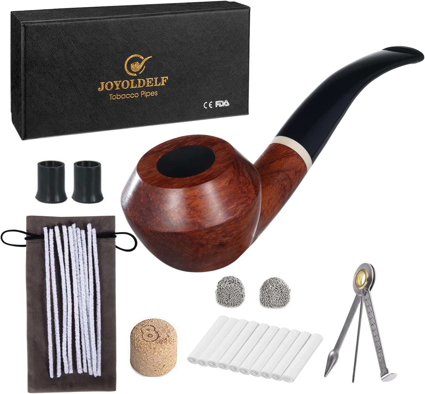 Joyoldelf Smoking Pipe, Wooden Tobacco Pipe with Taper Shape Design, Rosewood Handmade Tobacco Pipes for Smoking with Gift Box, 9mm Pipe Filter, Pipe Scraper and Smoking Accessories