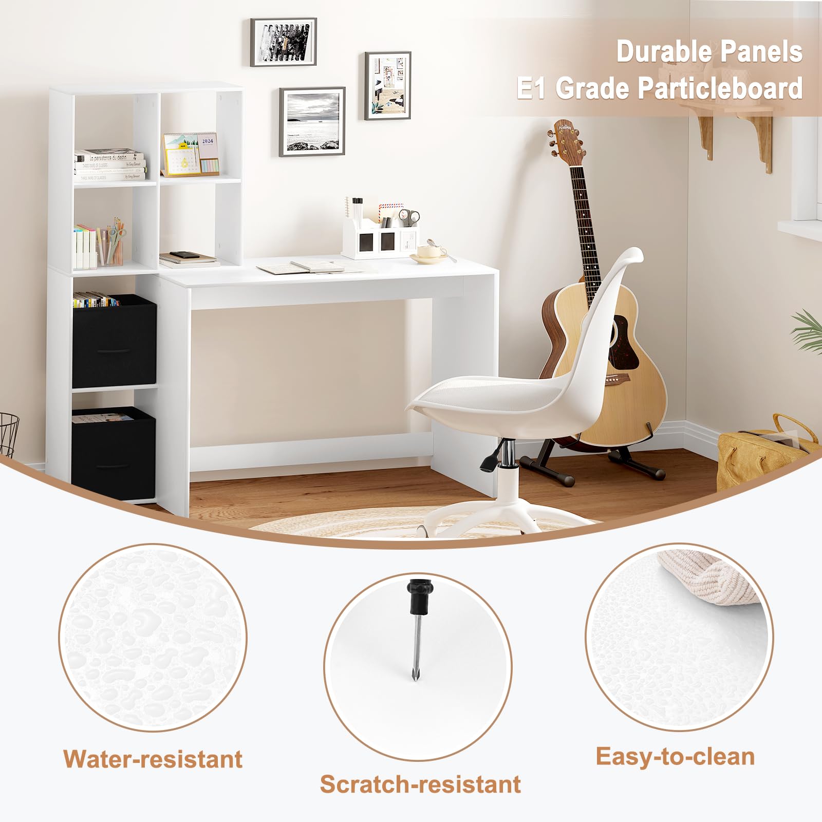 WOLTU Schreibtisch mit Regal & 2 Stoffboxen, Weiß, 140x50x134 cm | Offenes Stauraum, Geeignet für Homeoffice Schlafzimmer Wohnzimmer