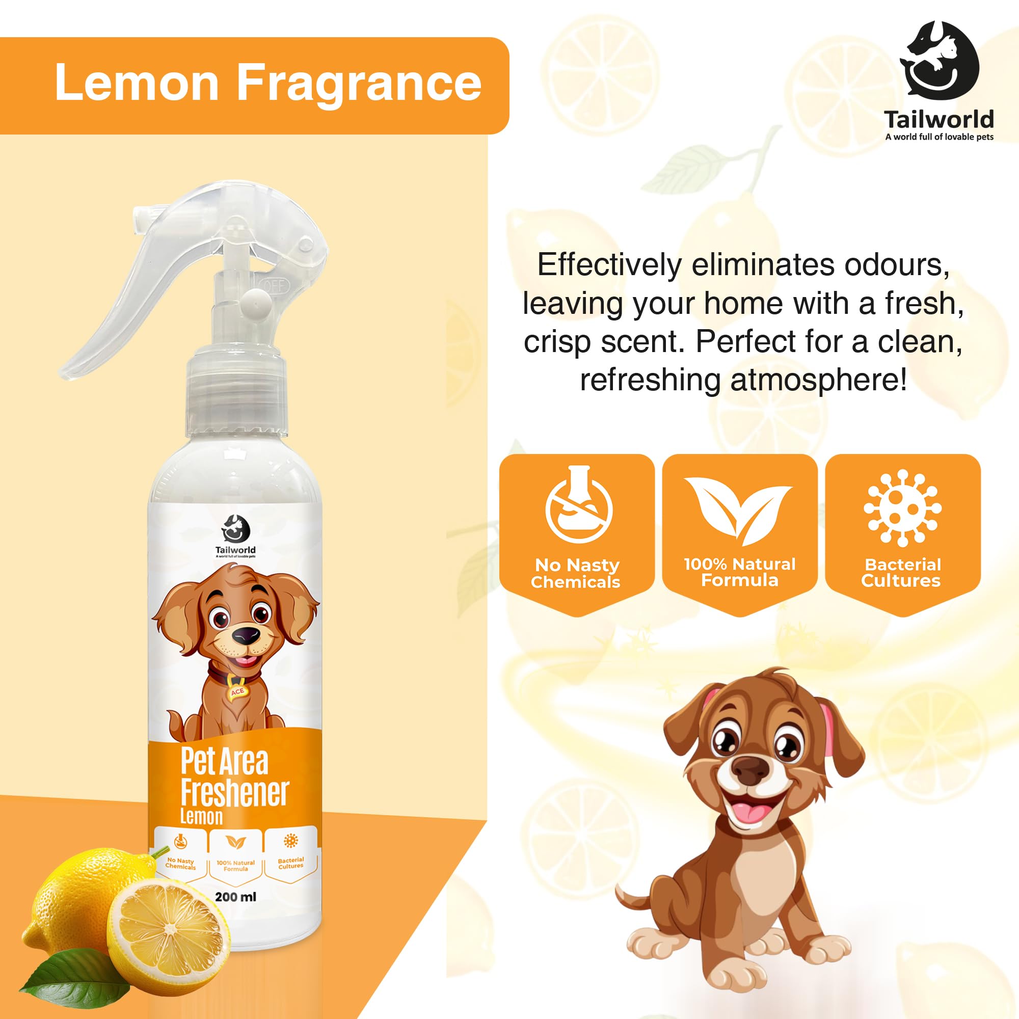 Tailworld Pet Area Freshener & Odour Remover Spray (200ml) | Eliminates Urine Smell, Safe for Pets & Home | Eco-Friendly Deodorizer for Floors, Carpets & Furniture (Lemon) 3