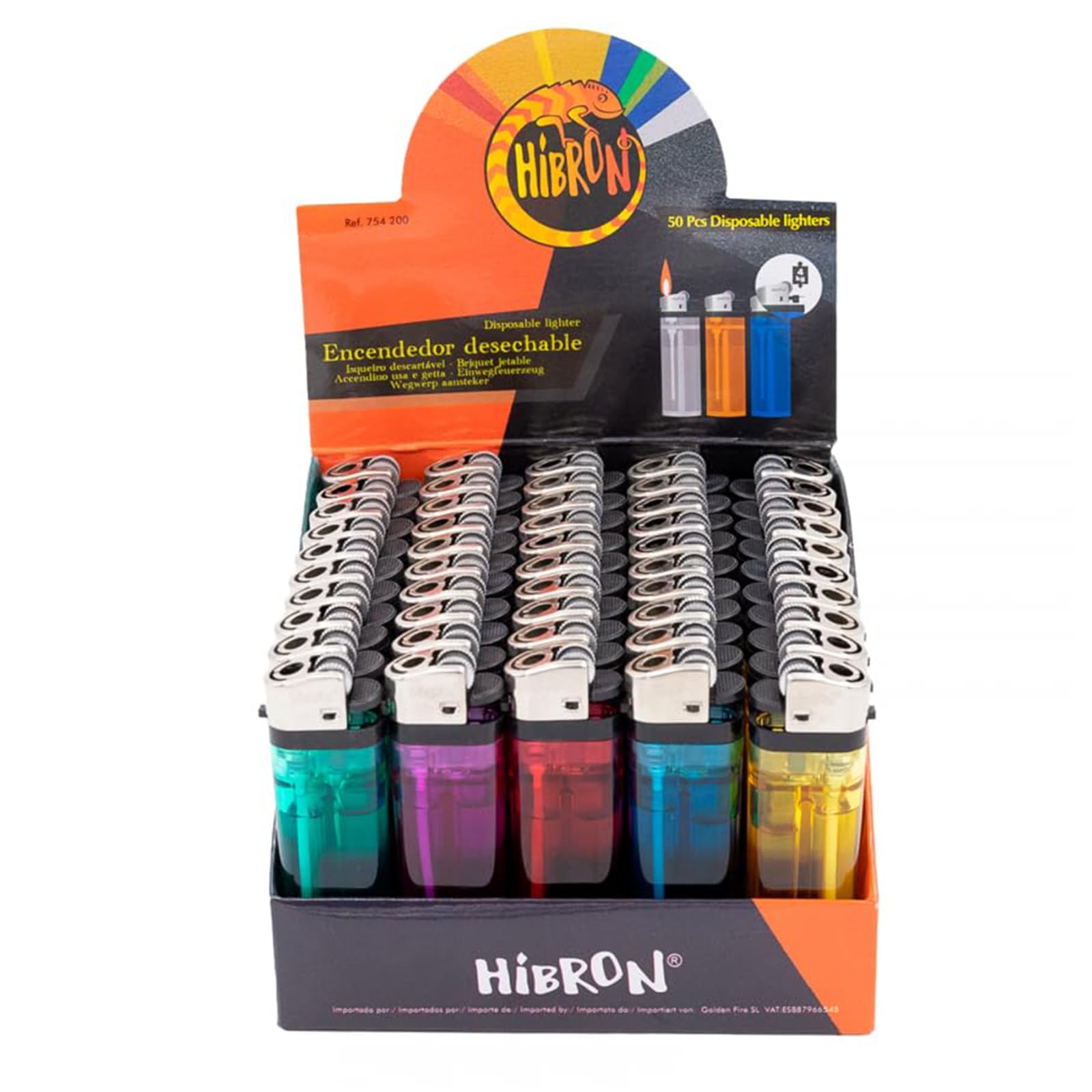 HIBRON – Pack de 50 Mecheros Desechables de Colores Translúcidos | Encendedor Clásico con Piedra y Llama Regulable