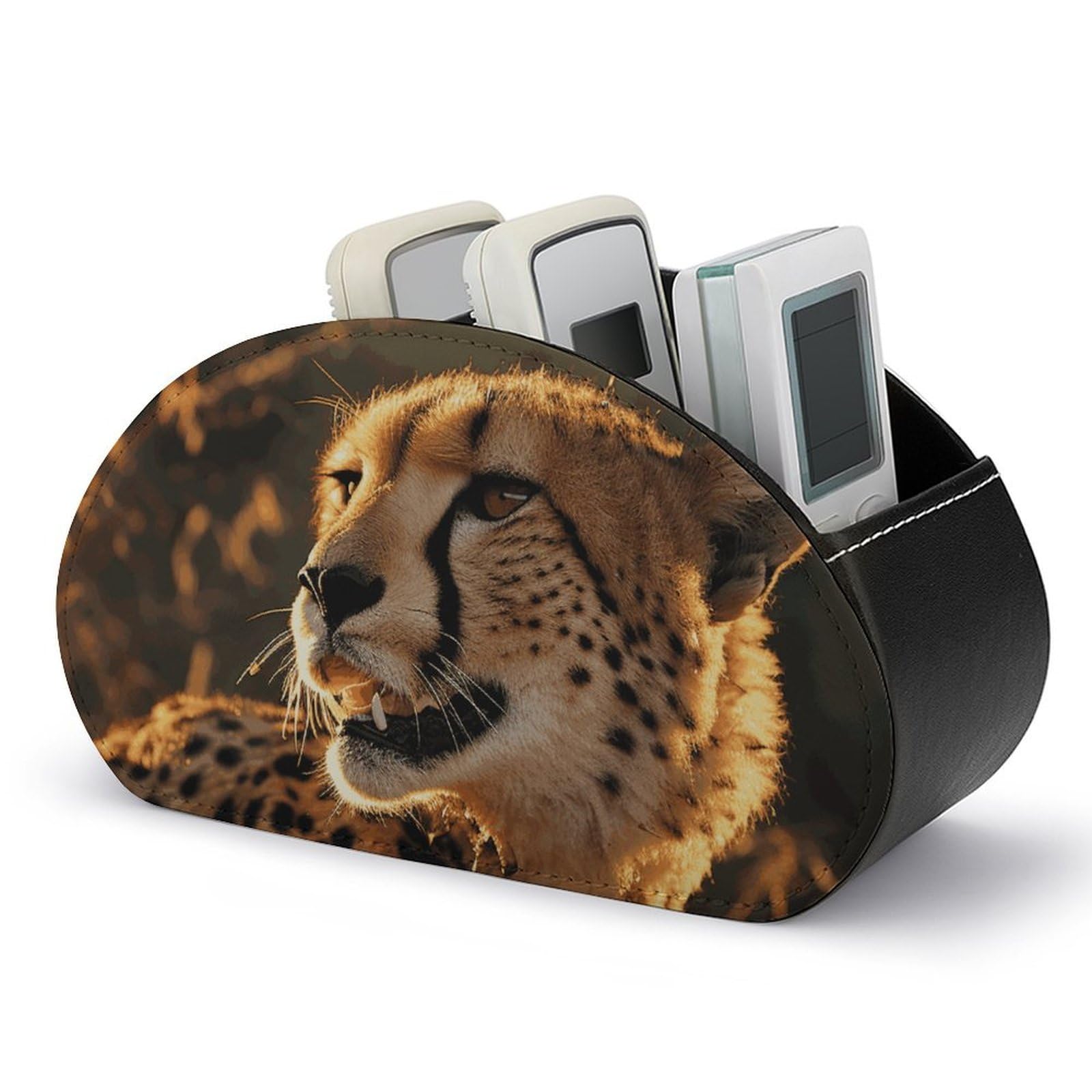 NTVOWPZO Cheetah Remote Control Holder with 5 Compartment Organizer Box, Leather TV Remote Holder Organizer Caddy for Table, PU Leather Remote Box for Nightstand Office Desk Storage Box