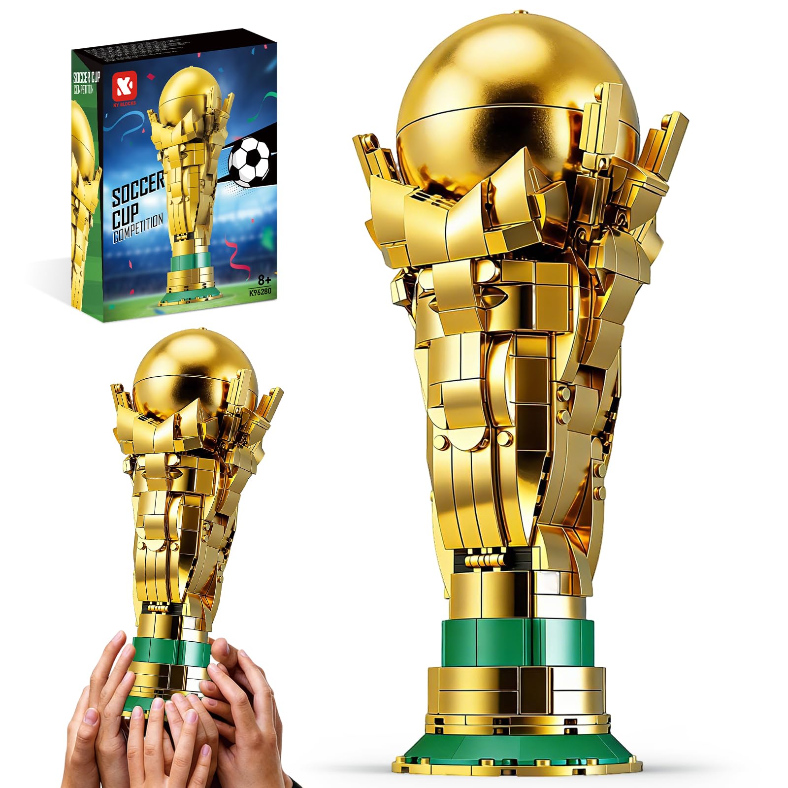 Fußball Pokal Kinder Bausatz, STEM Goldener Pokal Fussball Deko Modell mit Öffnender Kugel und Versteckten Mini-Bällen, Fußball Pokal Fussball Geschenke Jungen, Deko für Zuhause & Büro (446 Teile)
