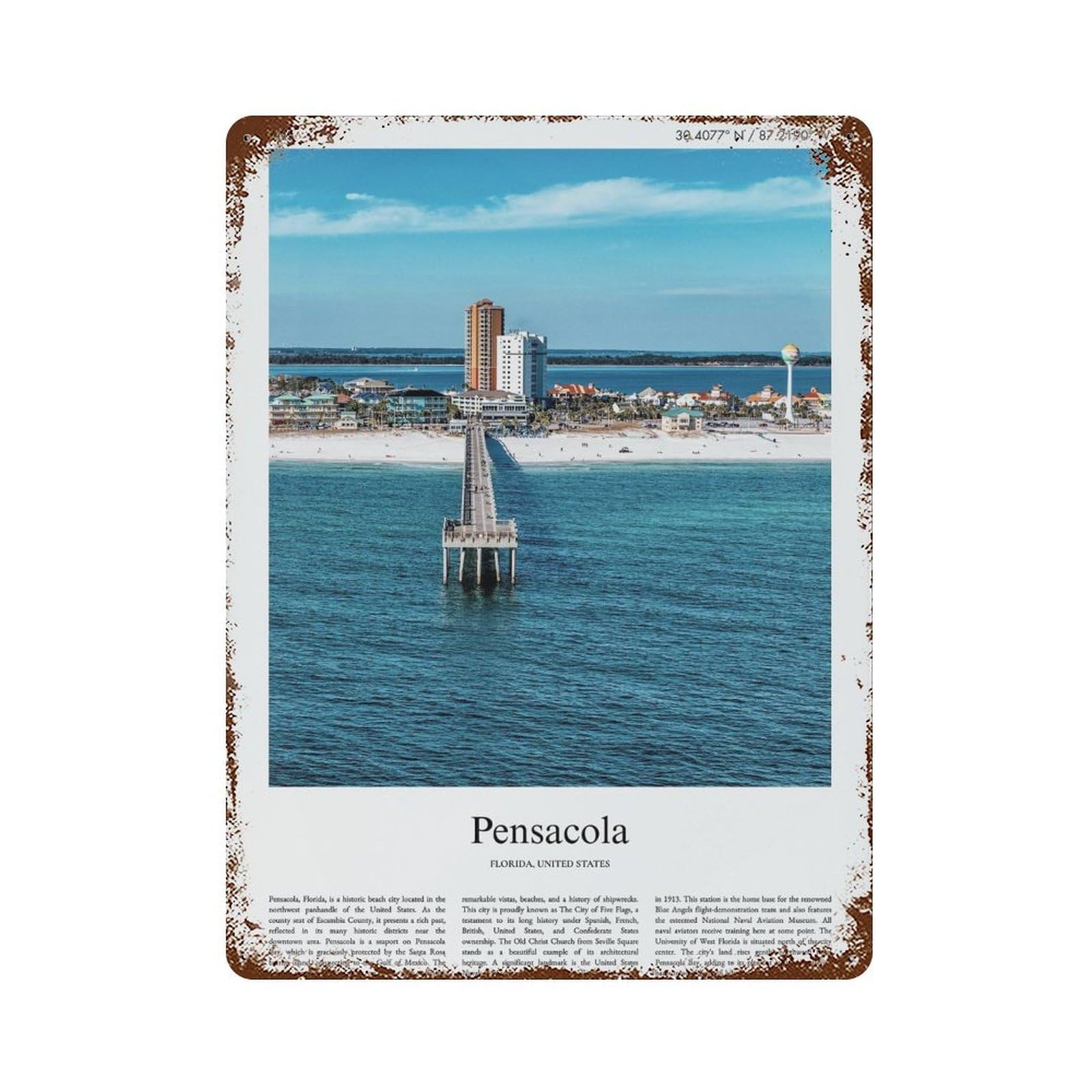 xiaoxiaoshen Pensacola Florida, United States, USA City Scenery Wall Decor Art Metal Tin Poster Modern Home Decor Art Home Bar Shop Decorations Vintage Sign 40x30cm