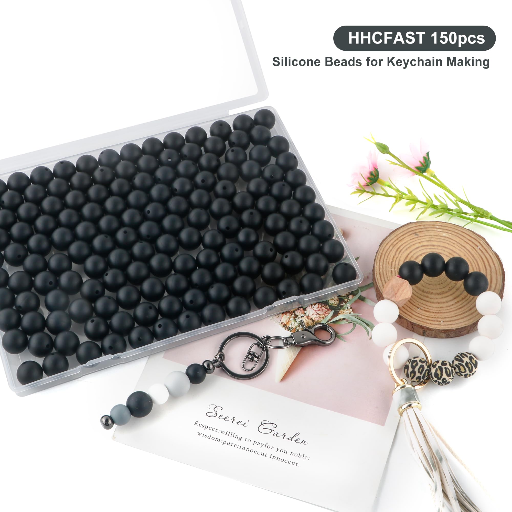 HHCFAST 150Pcs 15mm Silicone Beads for Keychain Making Bracelet Necklace, Bulk Round Silicone Beads for Pens?Black?