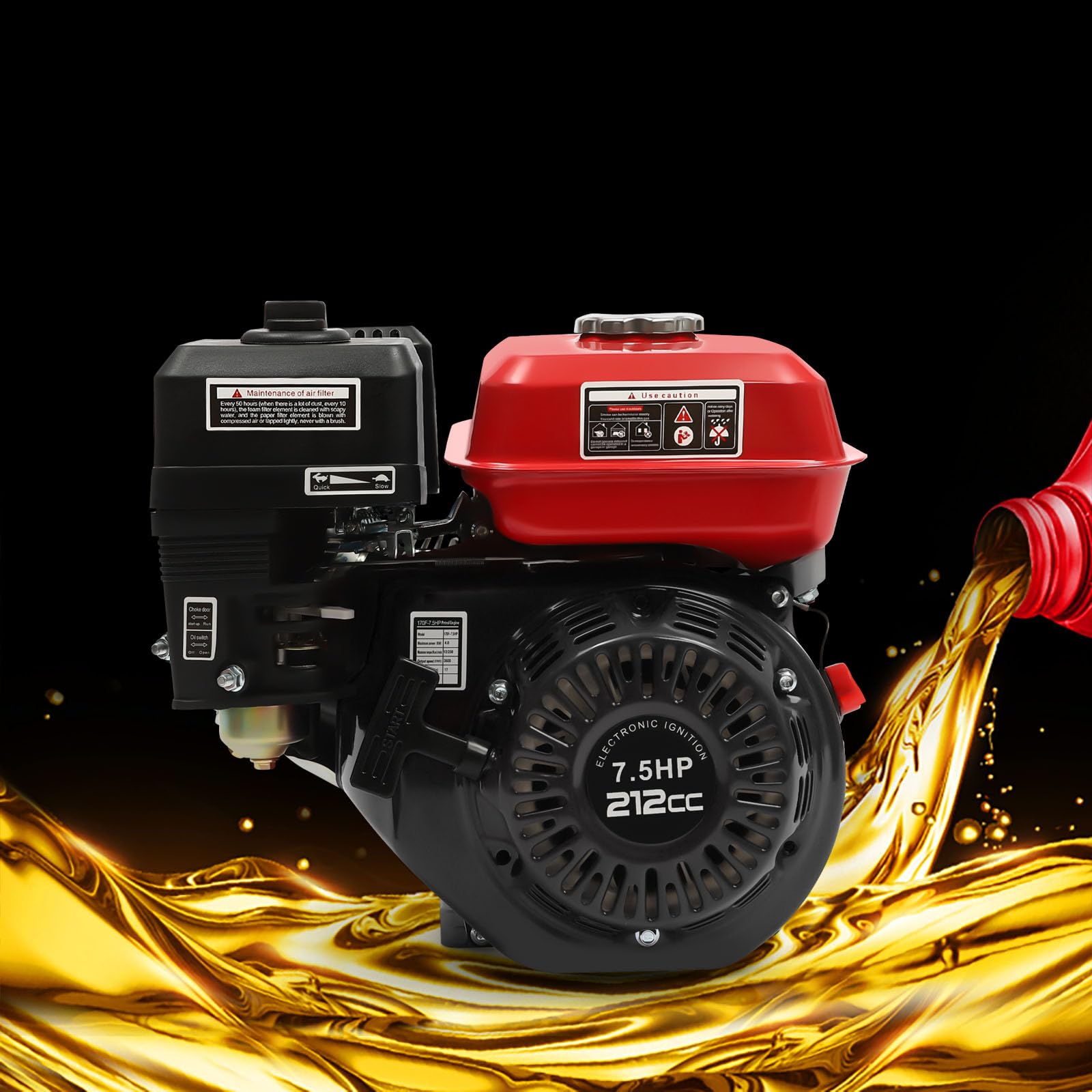 Motor de gasolina 7.5 CV, motor industrial, tapa de depósito de 5.1 KW, con rosca de refrigeración de aire, 20 mm de diámetro con alarma de aceite, retroceso, motor de gasolina