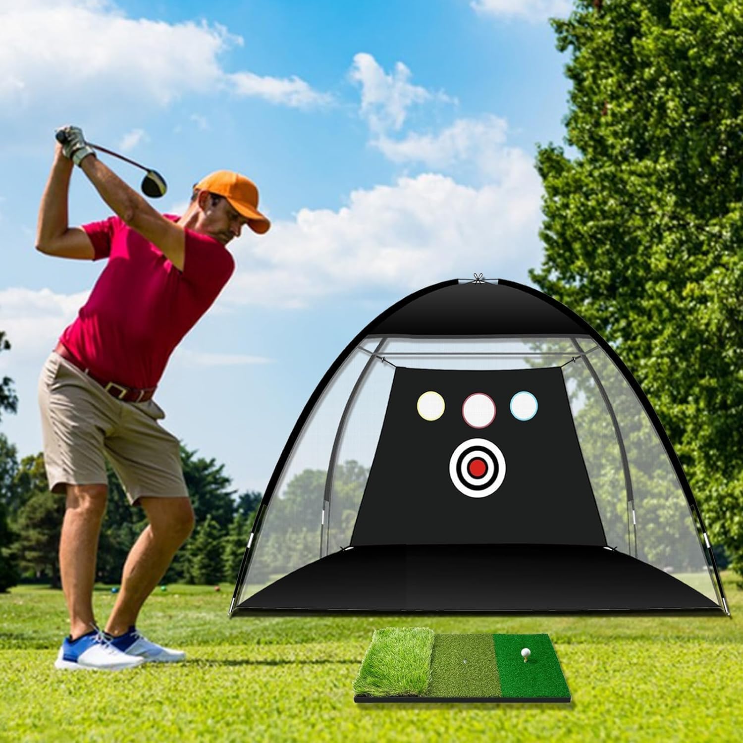 Golfnetz 3x2.1x1.8m Golf Trainingsnetz mit Schlagmatte für Hinterhof Drinnen Draußen Chipping Driving, und Pitching-Fahrnetze für den Innen- und Außenbereich, Garagennutzung, Golfschwungtraining
