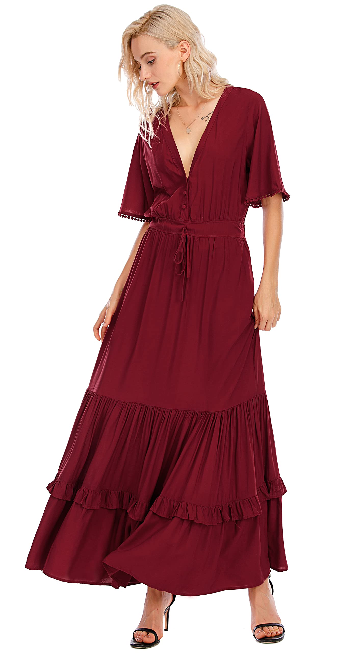 R.Vivimos Abito Boho Estivo Donna Abito Sexy Scollo a V Bottoni Manica Corta Vestito Elegante con Volant Orlo Abito Lungo Maxi da Spiaggia Casual per Le Vacanze(S,Vino Rosso)