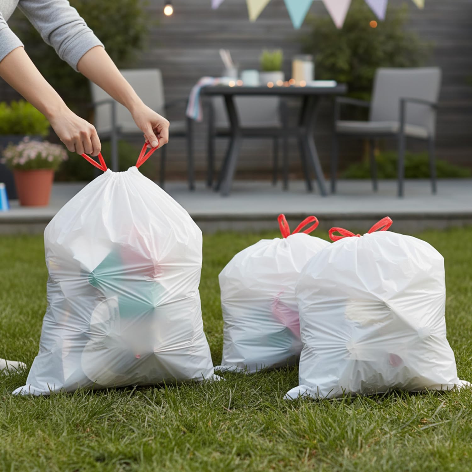 Bolsas de basura de plástico con cordón blanco, 13 galones (paquete de 80), perfectas para cocina, espacios al aire libre, eventos y más