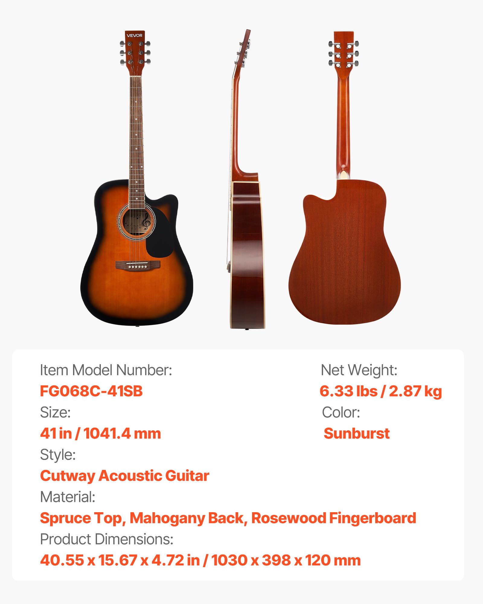 VEVOR Elektro Akustische Gitarre Cutaway 1041,4 mm, Anfängerpaket mit Gigbag, Stimmgerät, Gurt, Stahlsaiten, Plektren, Kapodaster, Palisandergriffbrett, für Fingerstyle-Solo-Jazz, Sunburst