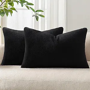 Pallene Faux Fur Plush Lumbar Throw Pillow Covers 12x20 Set of 2, Luxury Soft Fluffy Cozy Decorative Pillow Covers for Sofa, Couch, Living Room, Black
