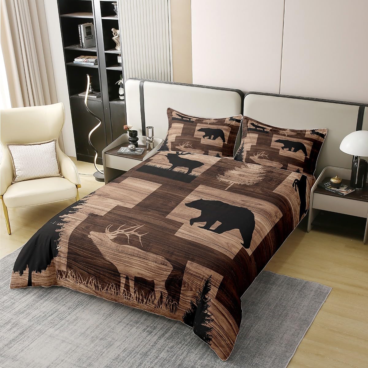 Homewish Rustic Cabin Lodge 100% Cotton Duvet Cover Double,Hunting Elk Deer Bear Comforter Cover,Country Farmhouse Old Barn Door Bedding Set,Wild Animals Woodland Adventure Bedspread Cover,Brown - Image 3
