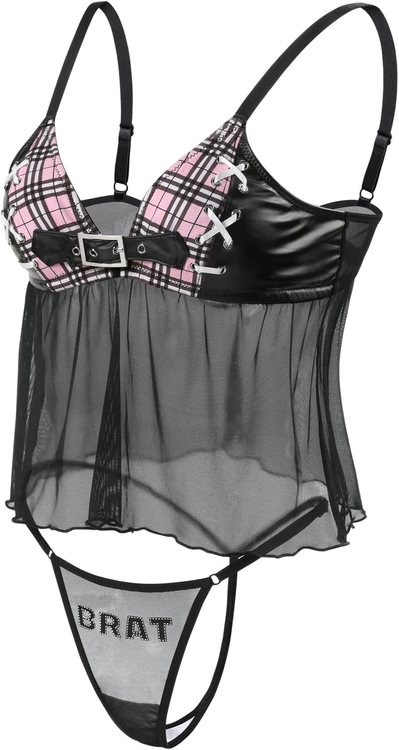 Littleforbig Women Nightwear Babydoll Strap Chemise Halter Lingerie V Neck Sleepwear - Bratty Bralette Thong Lingerie Set