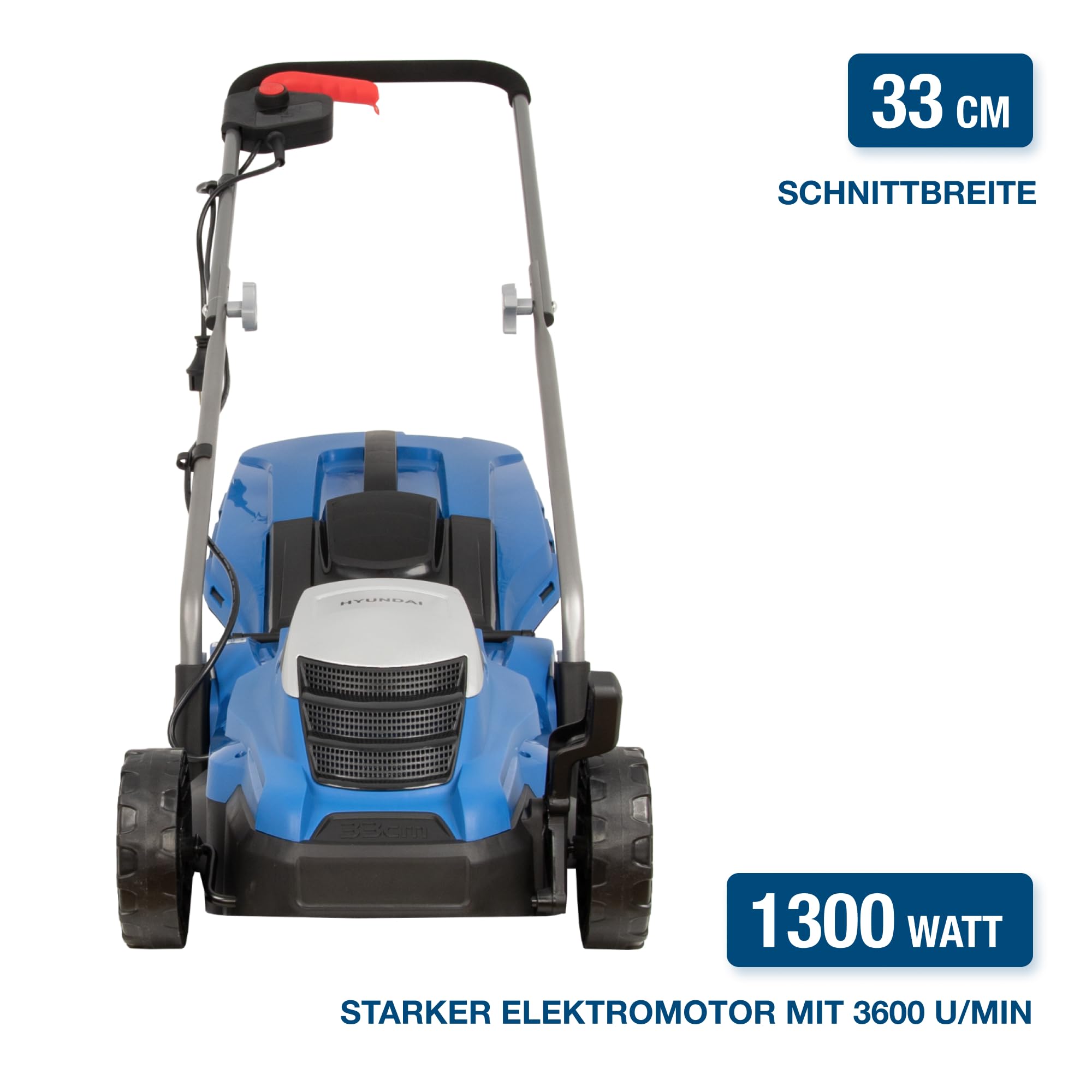 HYUNDAI Elektro-Rasenmäher LM3301E mit Mulchfunktion, Elektromäher, Mulcher, Mäher (33cm, 1300W, 35L Korb, 5-fache zentrale Höhenverstellung)