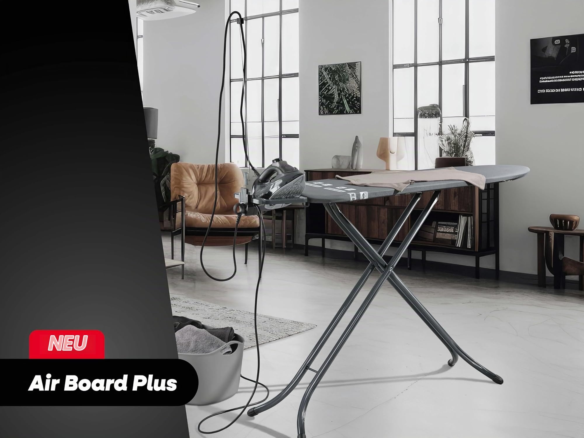 Leifheit Bügeltisch Air Board M Black Plus, Bügelbrett mit 120x38 cm Thermo‑Reflect‑Bügelfläche, Zwei‑Seiten‑Bügeleffekt, Anthrazit‑Design, höhenverstellbar bis 98 cm, Feste Bügeleisenablage