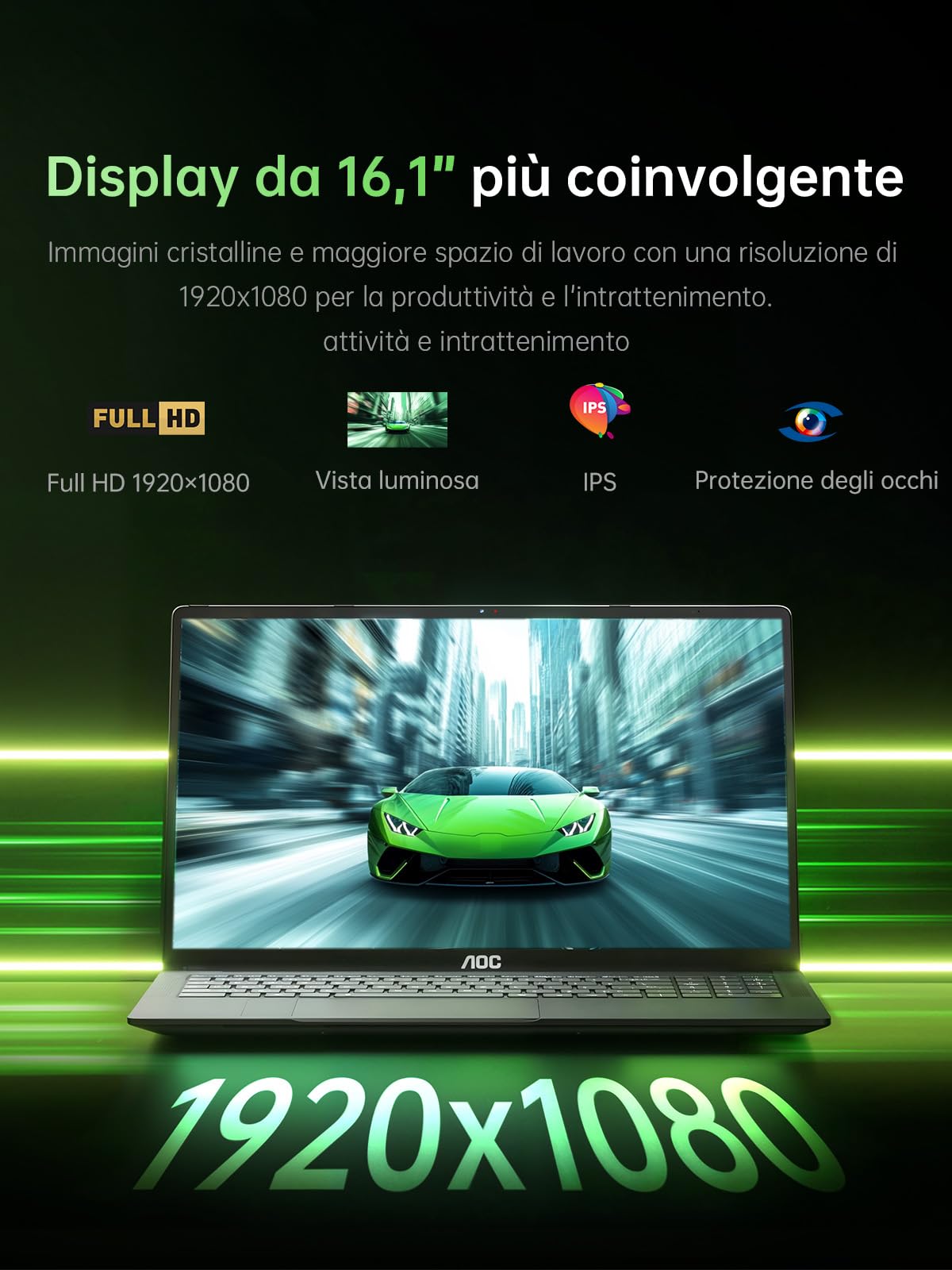 AOC 16.1'' PC Portatile,Ryzen 7 5700U, Fino a 4,3 GHz, RAM 16GB M.2 NVMe SSD 512GB Laptop, Tastiera Retroilluminata, Radeon RX Vega 8 Graphics Notebook, WiFi-6,HDMI, 1080P,Tipo-C,Guscio Metallico