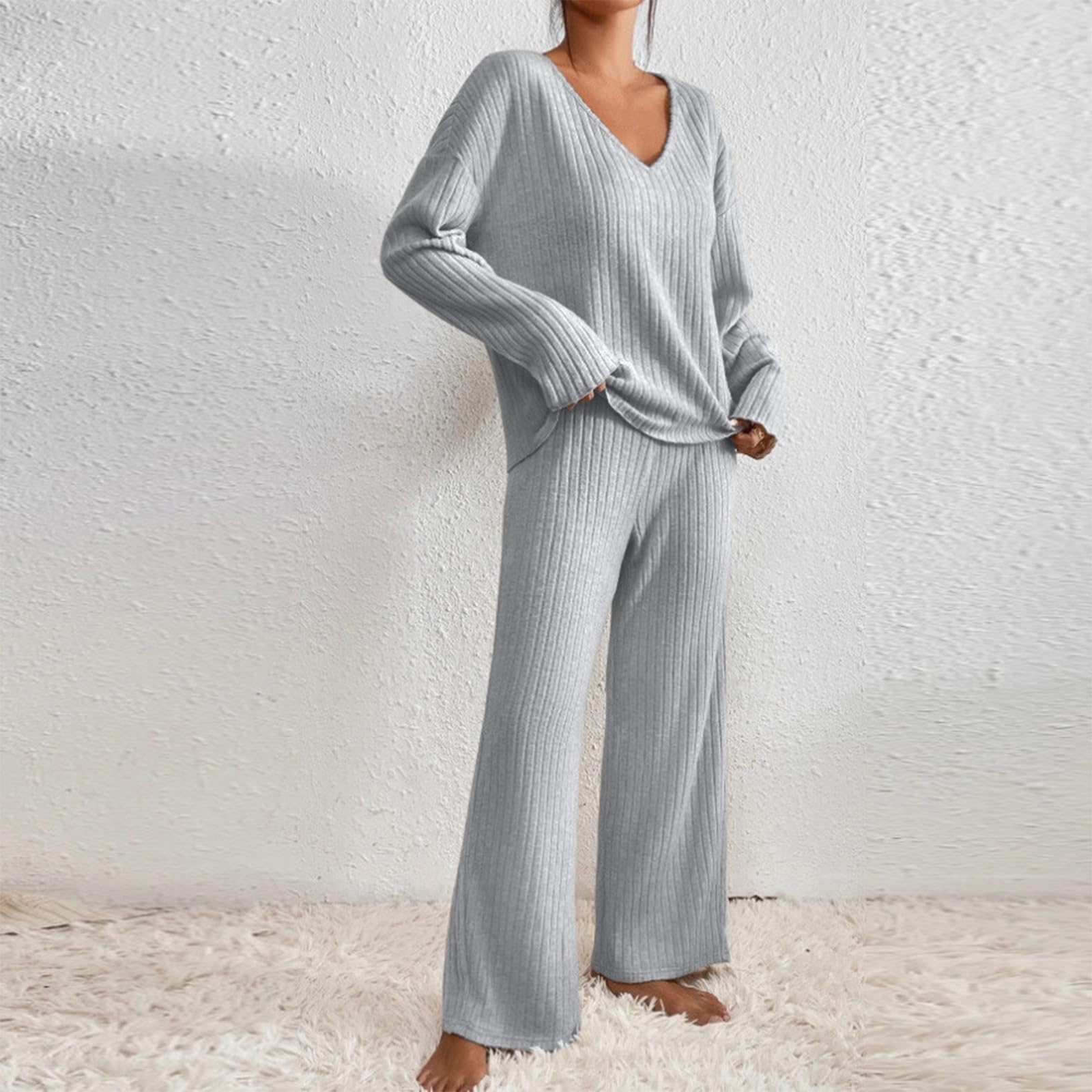 Loungewear Ensemble pyjama côtelé à manches longues pour femme | Ensemble de pyjama à manches longues et col en V en tricot et jambes droites - Vêtements de maison chauds - Couleur unie
