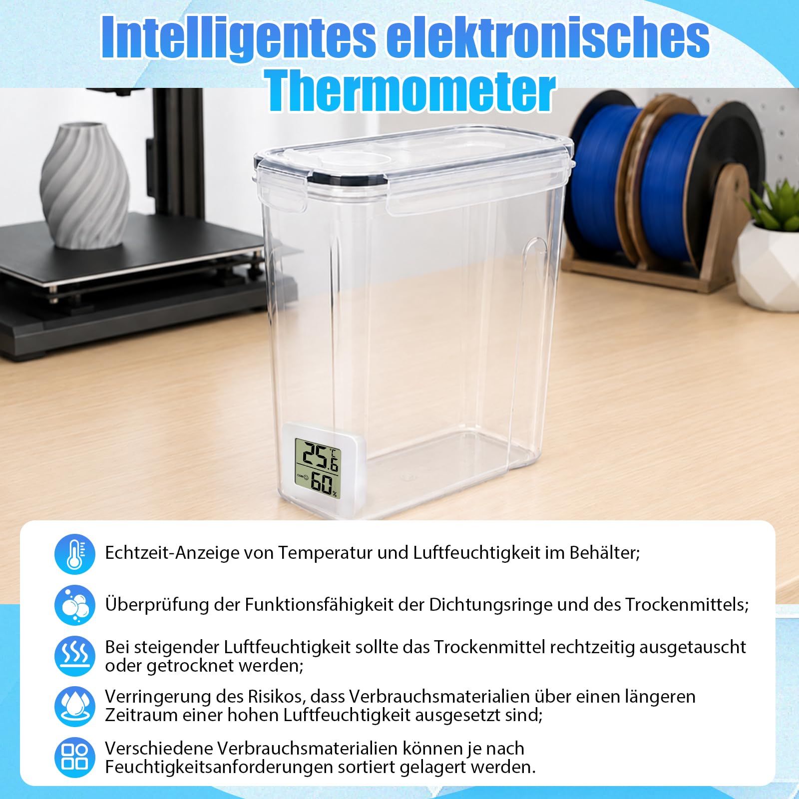 8 Stück Filament Aufbewahrungsbox mit Hygrometer für 3D Druck Filament,4L