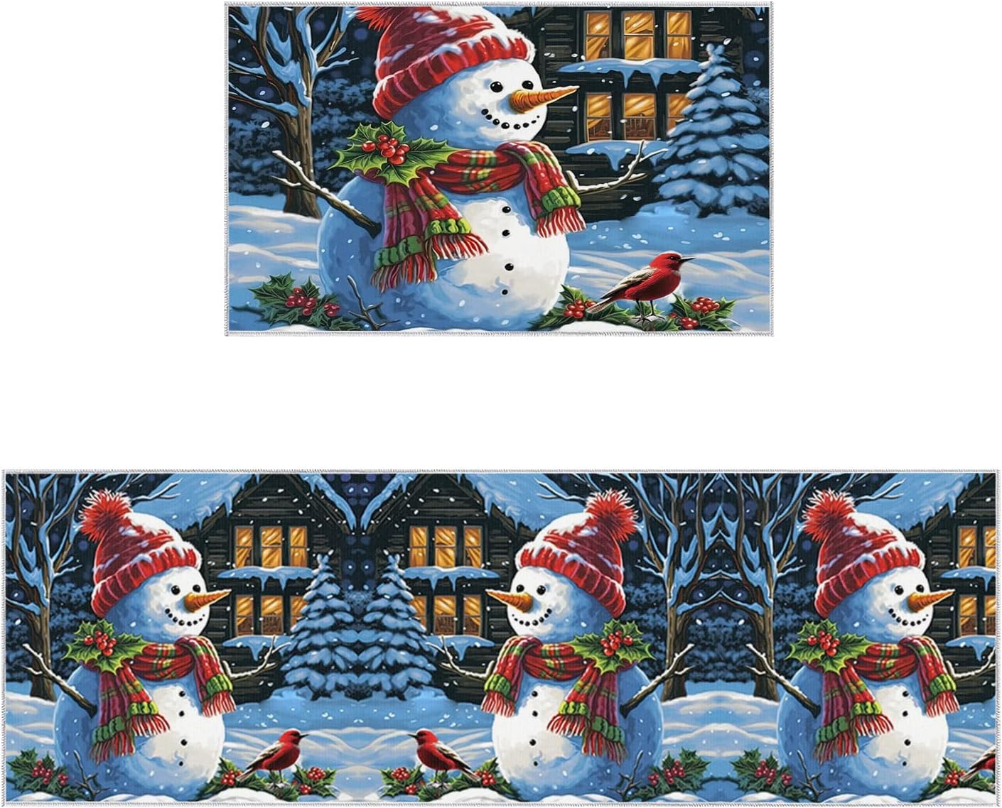 Christmas 2Pcs Kitchen Rugs, Anti Fatigue Kitchen Mat Non Slip Rug Runner Comfort Standing Floor Mats Kitchen Carpet Set for Sink, Laundry - Chirstmas Cute Red Cap Snowman with Bird