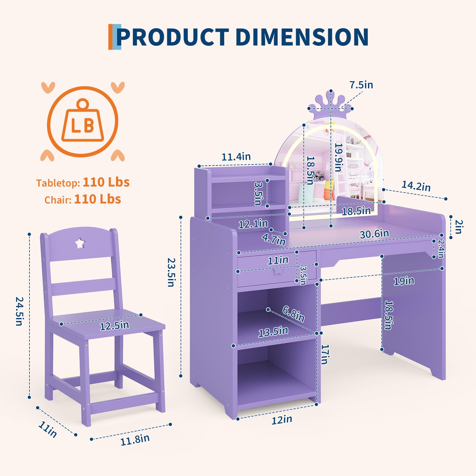 Zstar 3-in-1 Kinder Schminktisch Set, Schminkkommode Mit LED-Leuchten | Offenes Bücherregal&Aufbewahrung, Frisiertisch Für Mädchenzimmer, Ink. Hocker&Spiegel