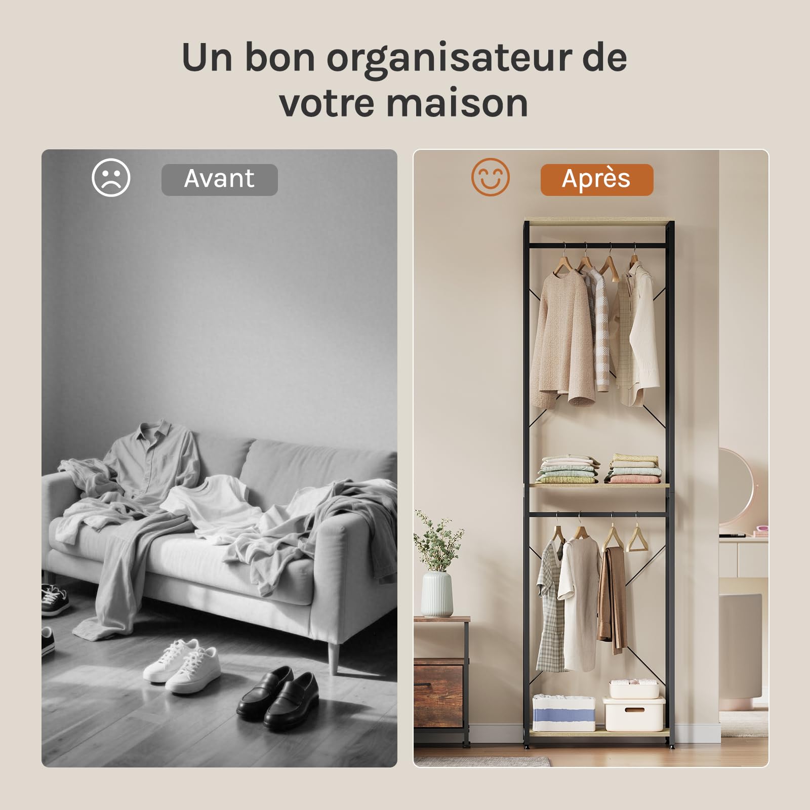 WOLTU Porte-Manteau pour Chambre Portant en Bois et Acier avec 2X Tringles pour Suspension Range-vêtements très Rubuste Noir + Chêne Clair