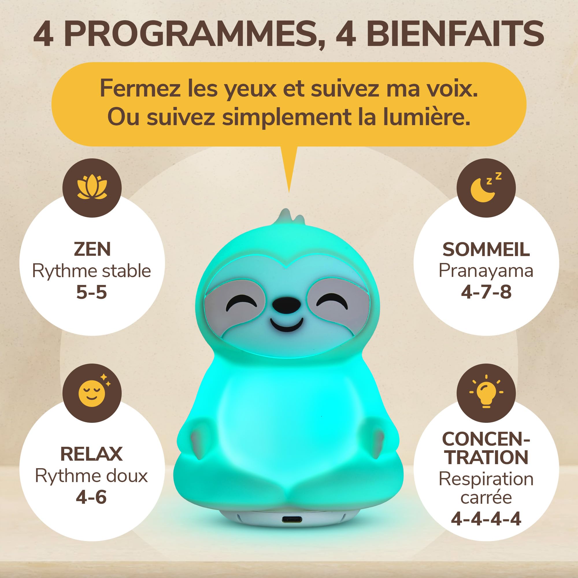 Coach de Respiration Avec Guidage Lumière et Voix – Favorise Sommeil, Relaxation, Concentration et Bien-Être – Respiration Consciente, Pleine Conscience – Instructions Audio Français – Rechargeable