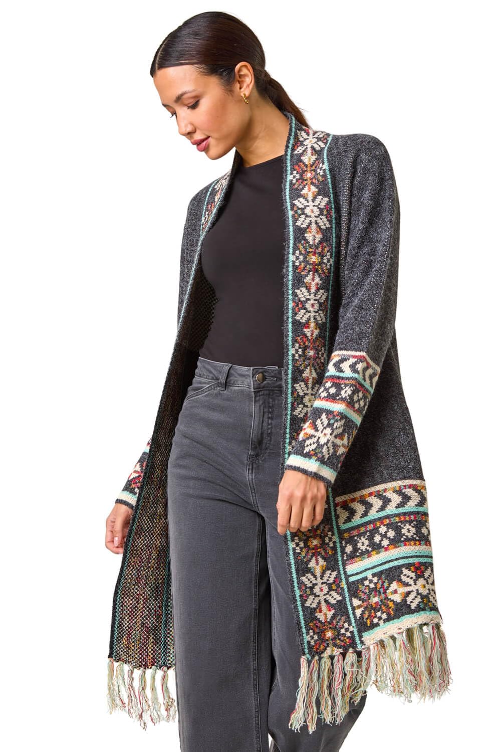 Roman Originals Women's Grey Multi Cardigan - Longline Coatigan Tassel Open Front Cardi Winter Autumn Casual Textured Edge To Edge Yarn Patterned Comfy Work Going Out - Size 12