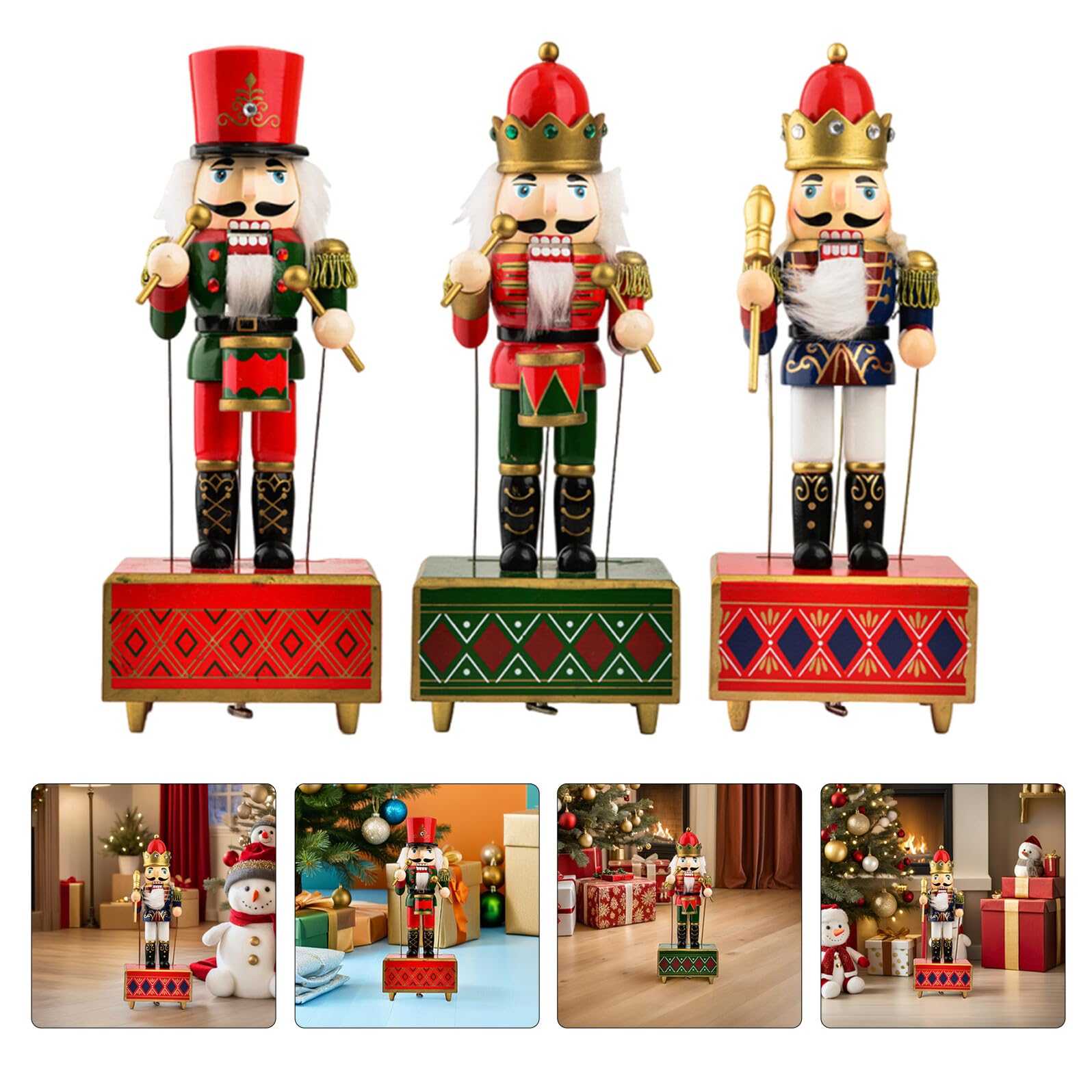 TOYANDONA Set 3 Carillon Schiaccianoci in Legno 32 CM Decorazioni Natalizie da Tavolo Soldatini Classici Rosso Verde e Blu Centrotavola Musicale per Feste e Regali di Natale