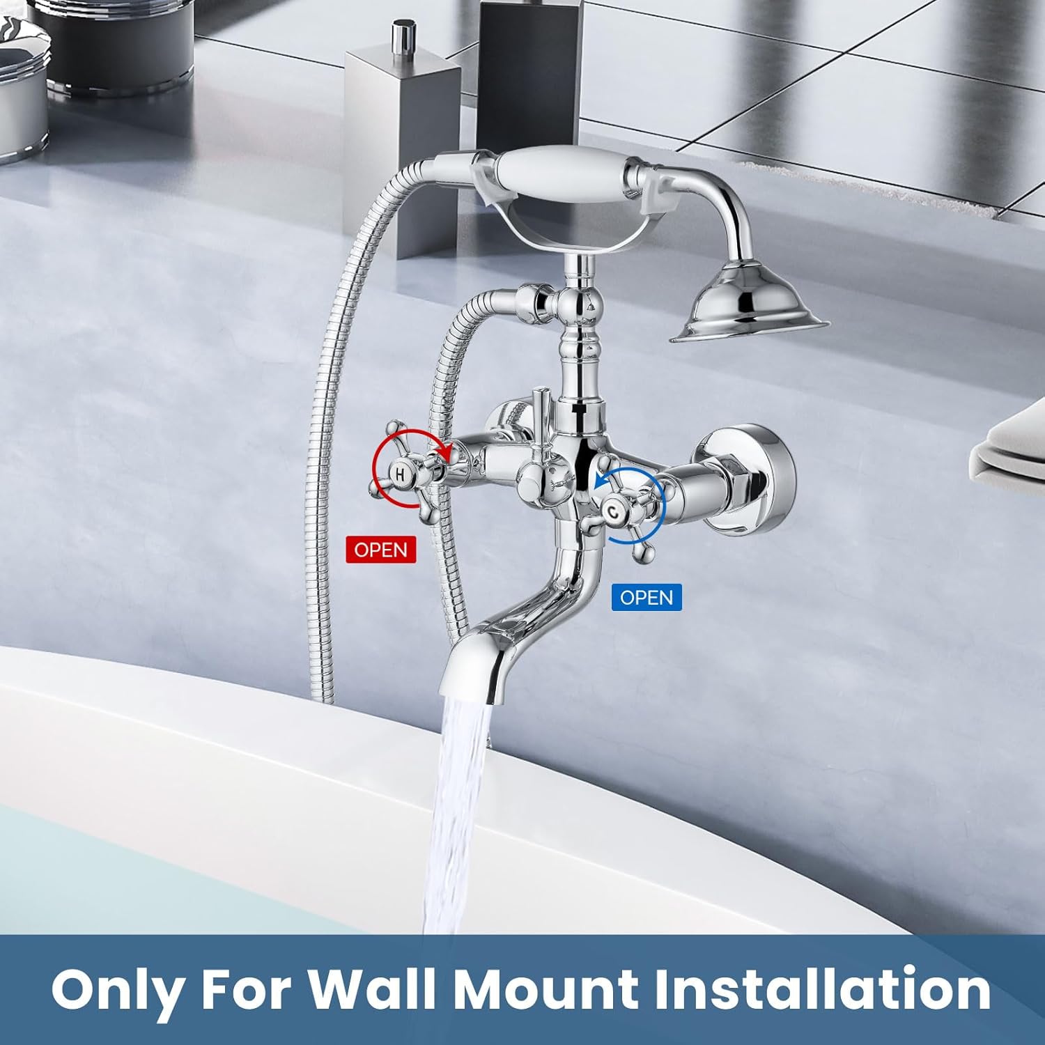 Airuida Wall Mount Bathtub Faucet with Telephone Handheld Sprayer, Double Hot and Cold Mixer, Cross Handles,Vintage Victorian Style Tub Filler Set Chrome Polish